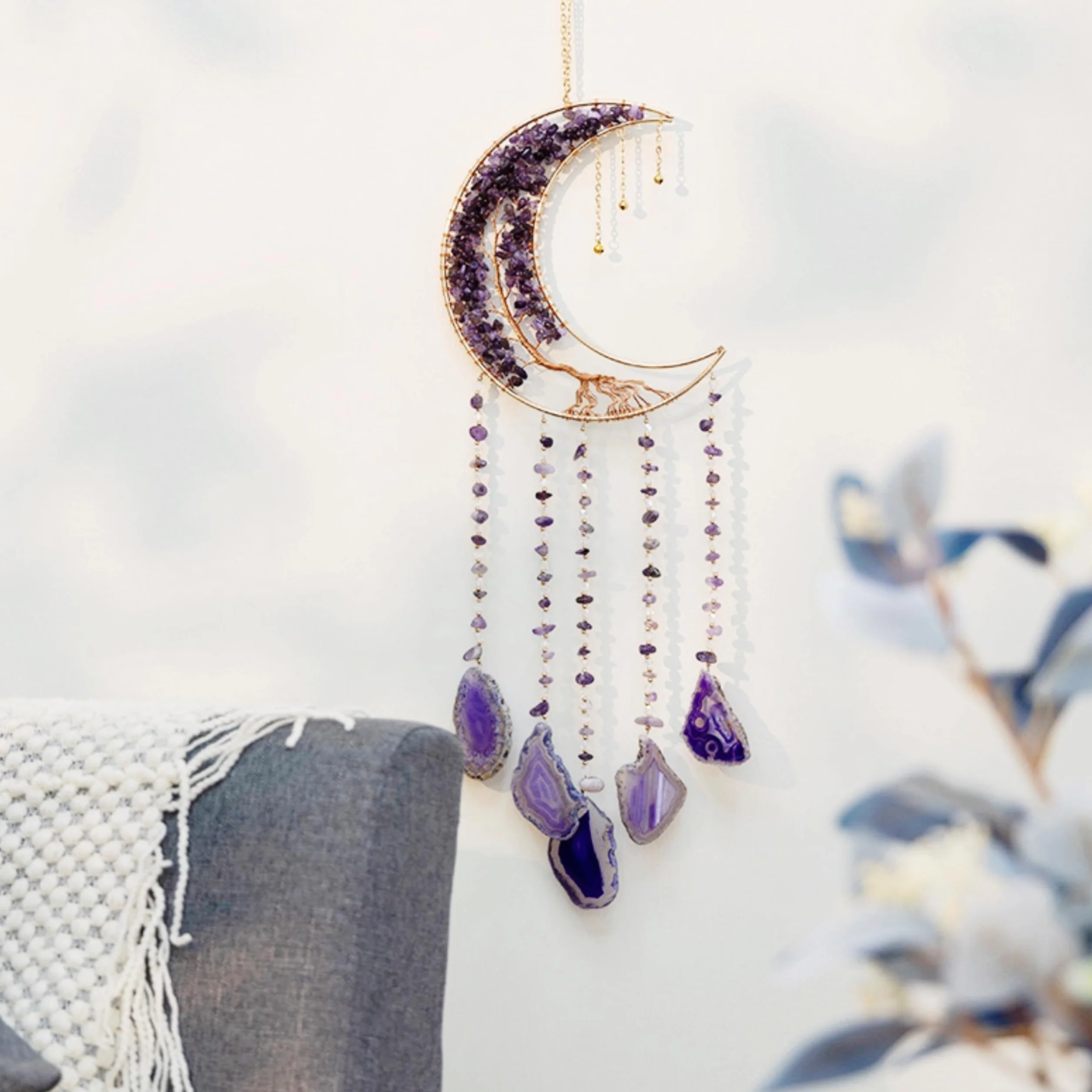 Attrape-rêves arbre de vie cristaux de lune violette agate naturelle décoration murale yoga fenêtres jardin intérieur