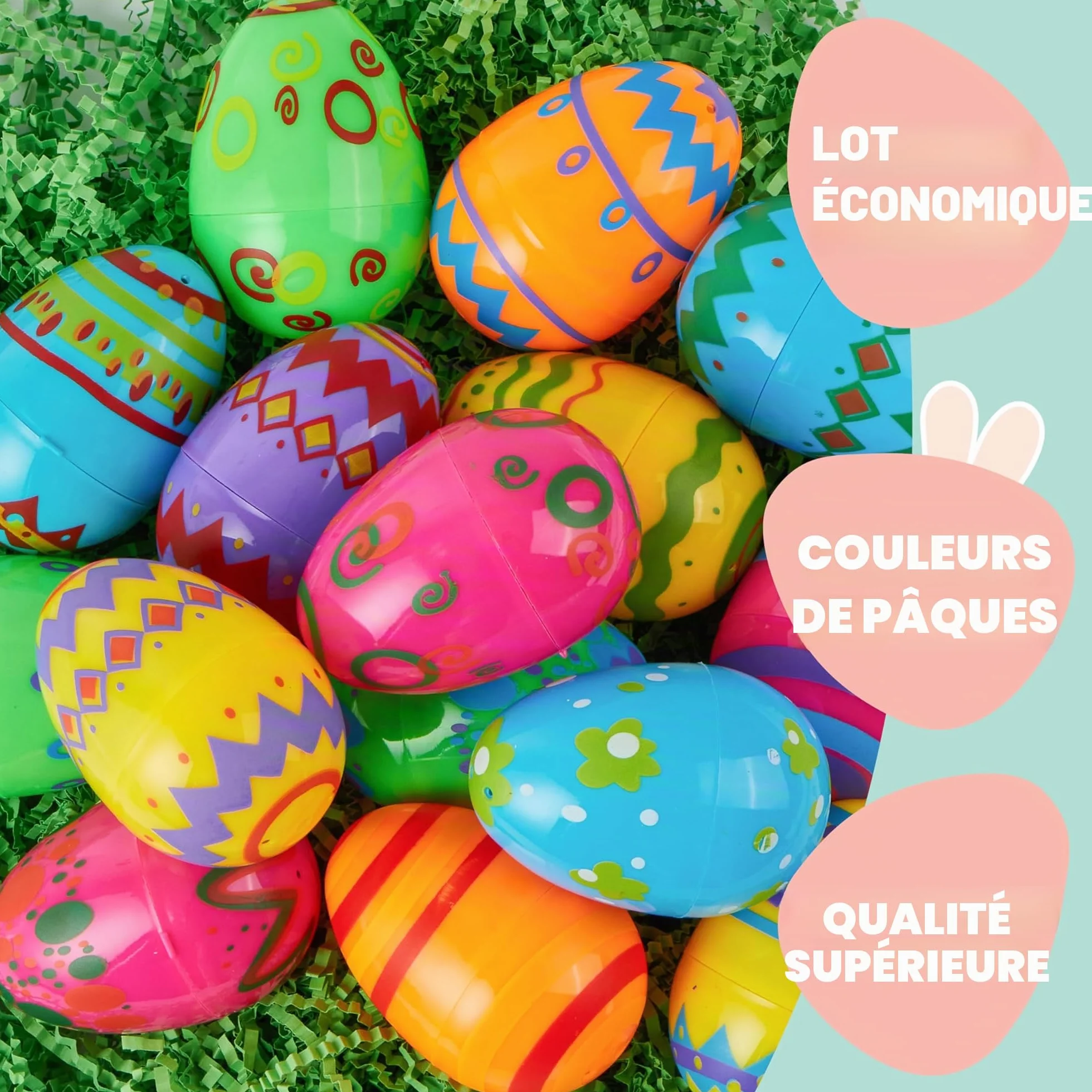 JOYIN 18PCS 8cm Oeufs de Pâques imprimés en plastique colorés vides remplissables pour chasse de Pâques