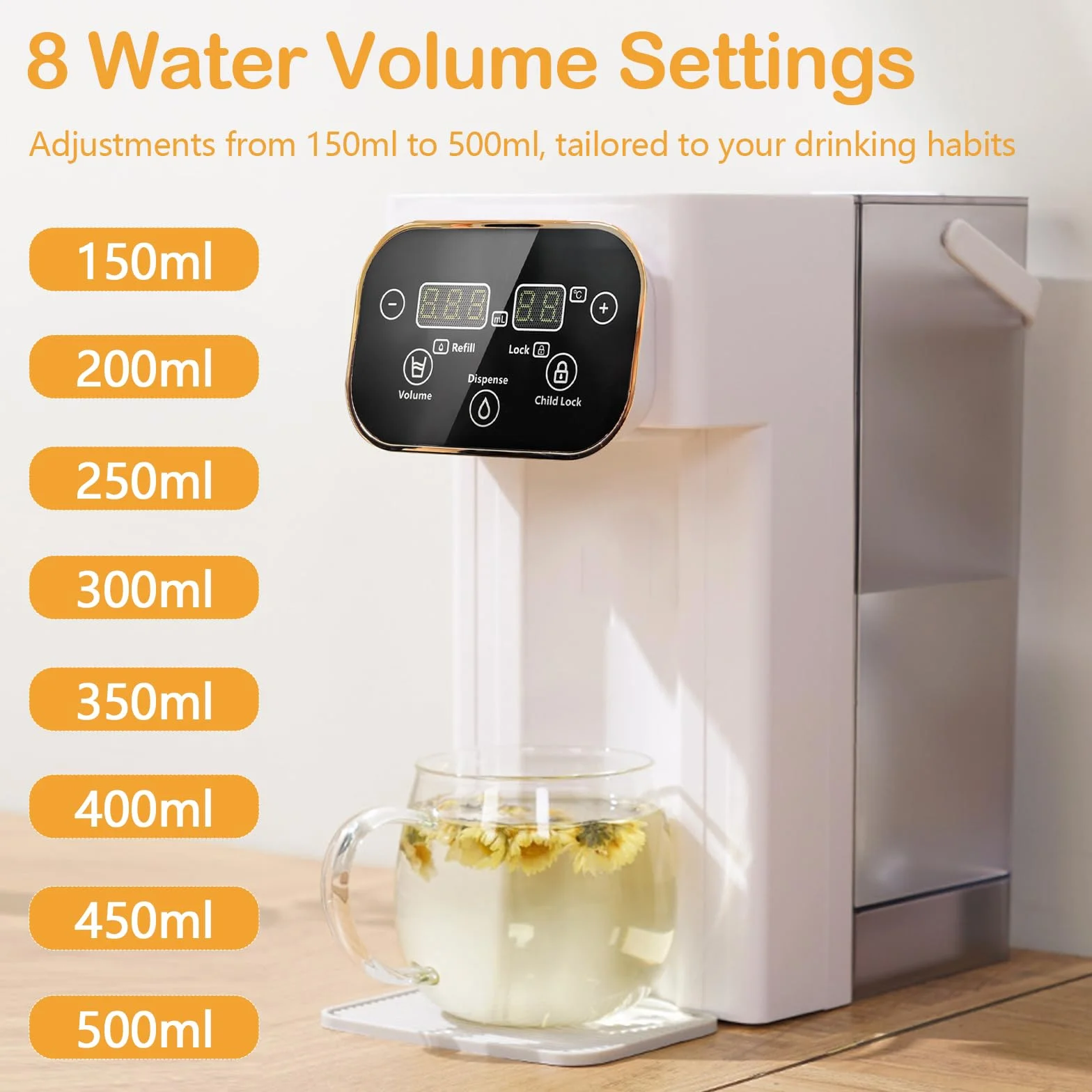 Distributeur d'Eau Chaude 3L Numérique Instantané écran Tactile LED 12 Réglages Température 8 Réglages Volume Filtre Charbon Actif