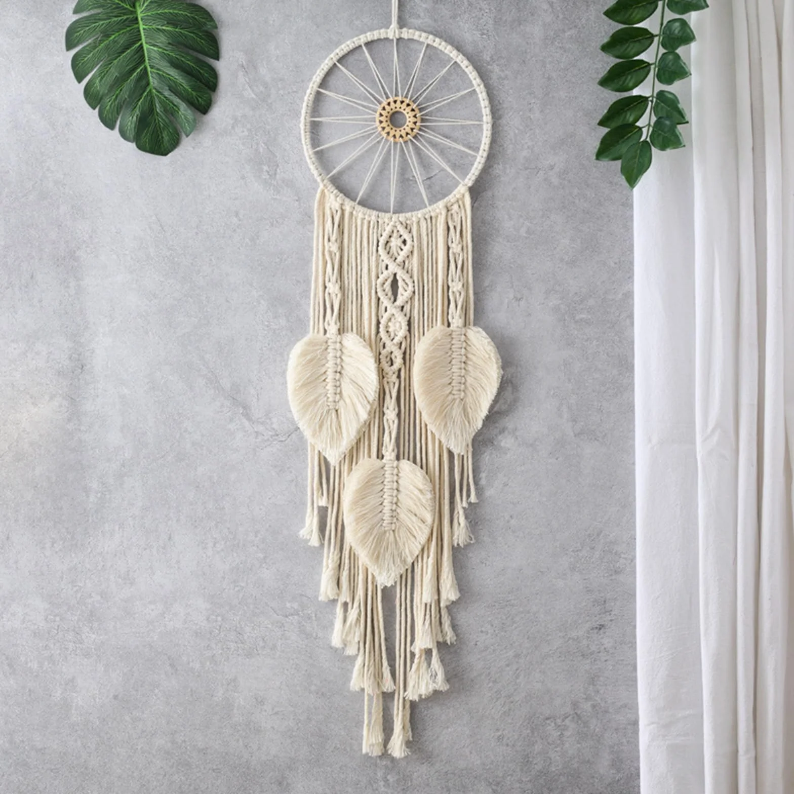 Attrape-rêves feuille tissée double cercle macramé tenture murale beige