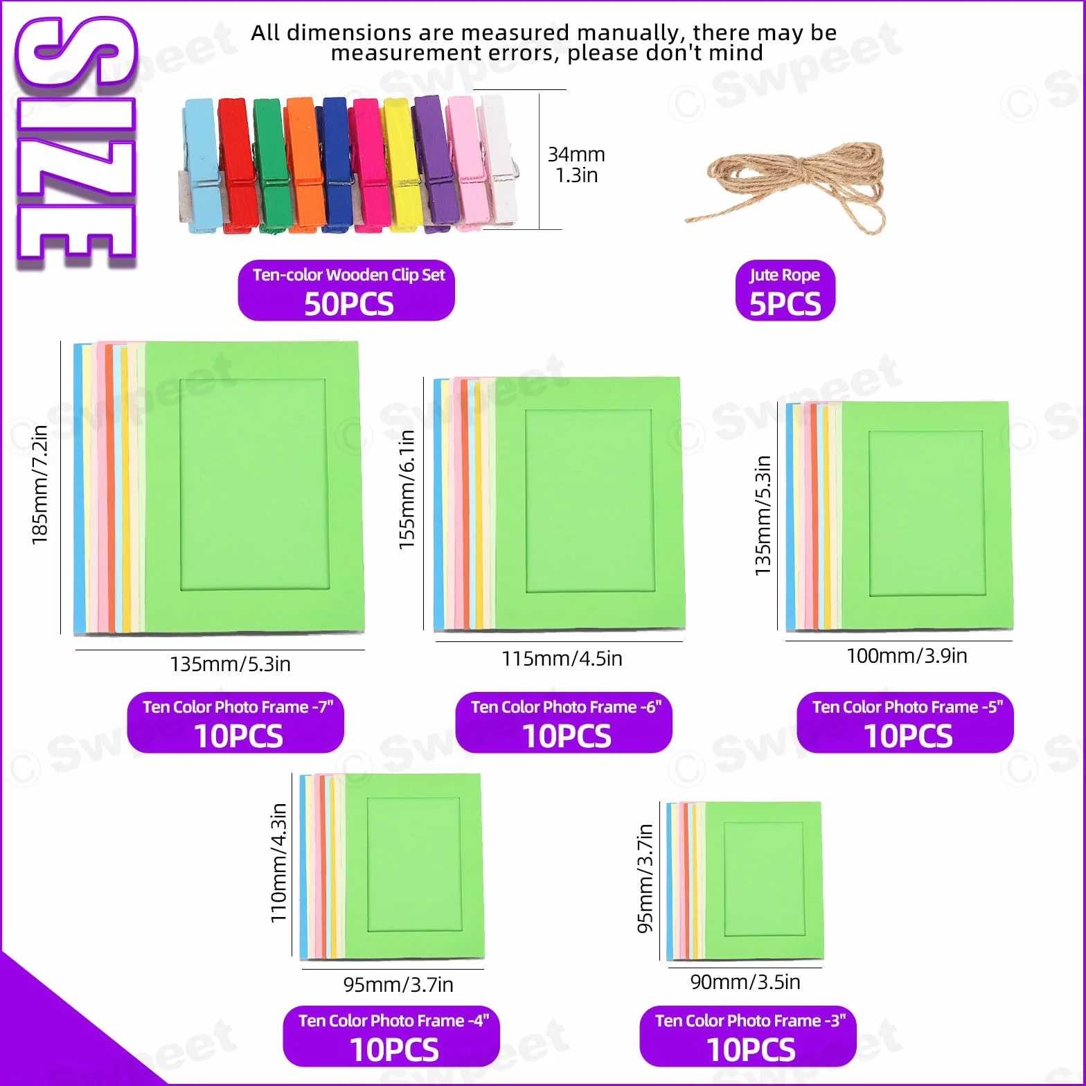 Swpeet Lot de 105 Cadres Photo en Papier Coloré à Suspendre, 7,6-17,8 cm, 50 Clips, 5 Cordes