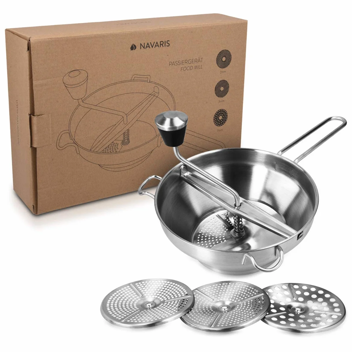 Navaris Presse-Légumes Manuel Moulin à Légumes Ø 19 cm Inox - Passe-vite avec 3 Grilles