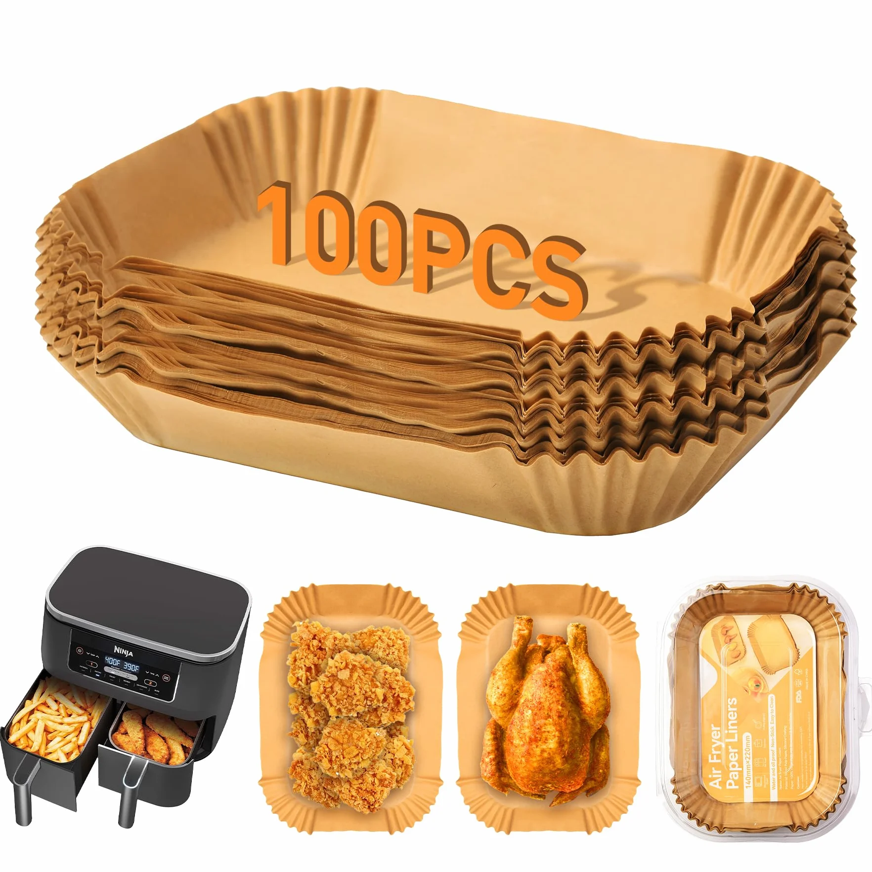 Papier Cuisson Air Fryer 100 szt, Papier Sulfurisé Air Fryer Accessoires Double Stack XL SL400EU, AF400EU, AF300EU, 22x14cm Rectangulair Paper Liners Friteuse Sans Huile