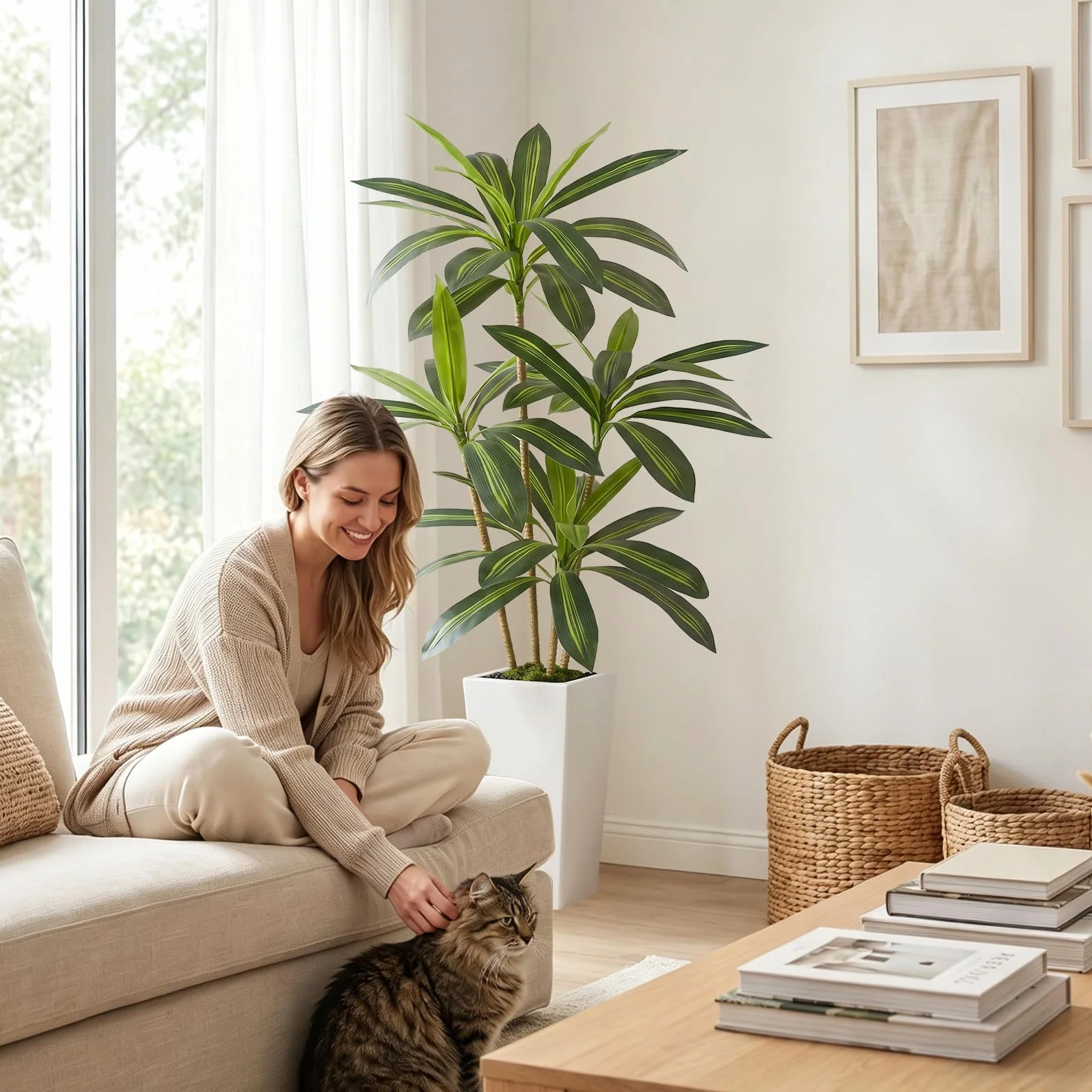 Dracaena Artificiel 160 cm Arbre Artificiel Interieur avec Pot Blanc Plante Artificielle Grande Tropical