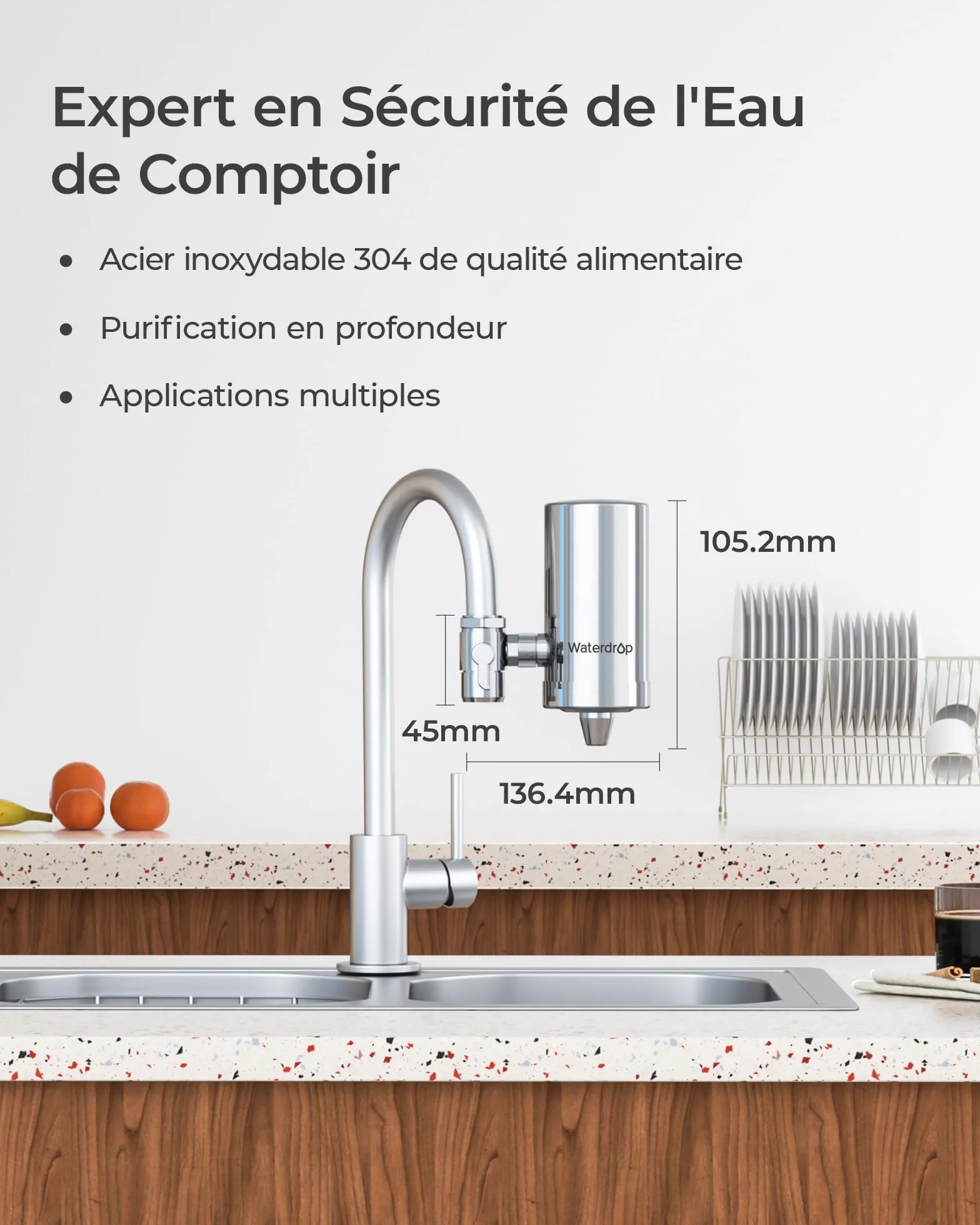 Filtre à Eau de Robinet Waterdrop WD-FC-06 Acier Inoxydable Système Filtration Bloc Carbone 4 Filtres