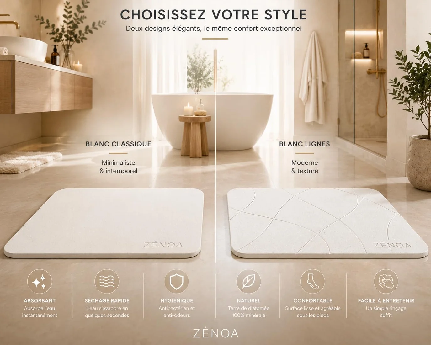 Tapis de Bain en diatomite 60 x 39 cm - Séchage instantané, antidérapant, Surface minérale Ultra absorbante - Blanc & Gris Ligne