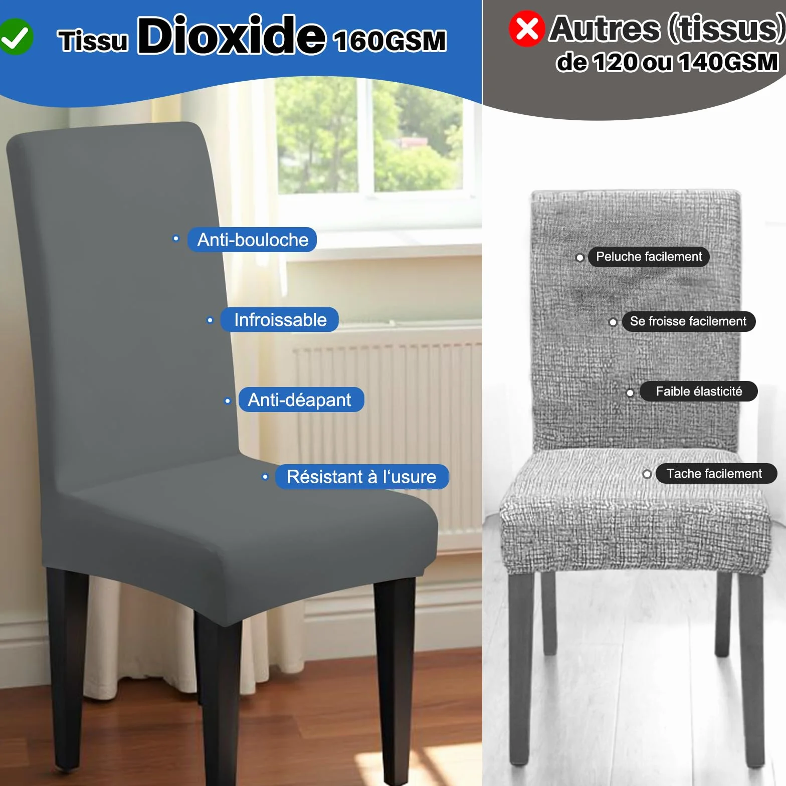 Housse de Chaise Extensible 4 Pièces Amovible Lavable Gris pour Salle à Manger Hôtel