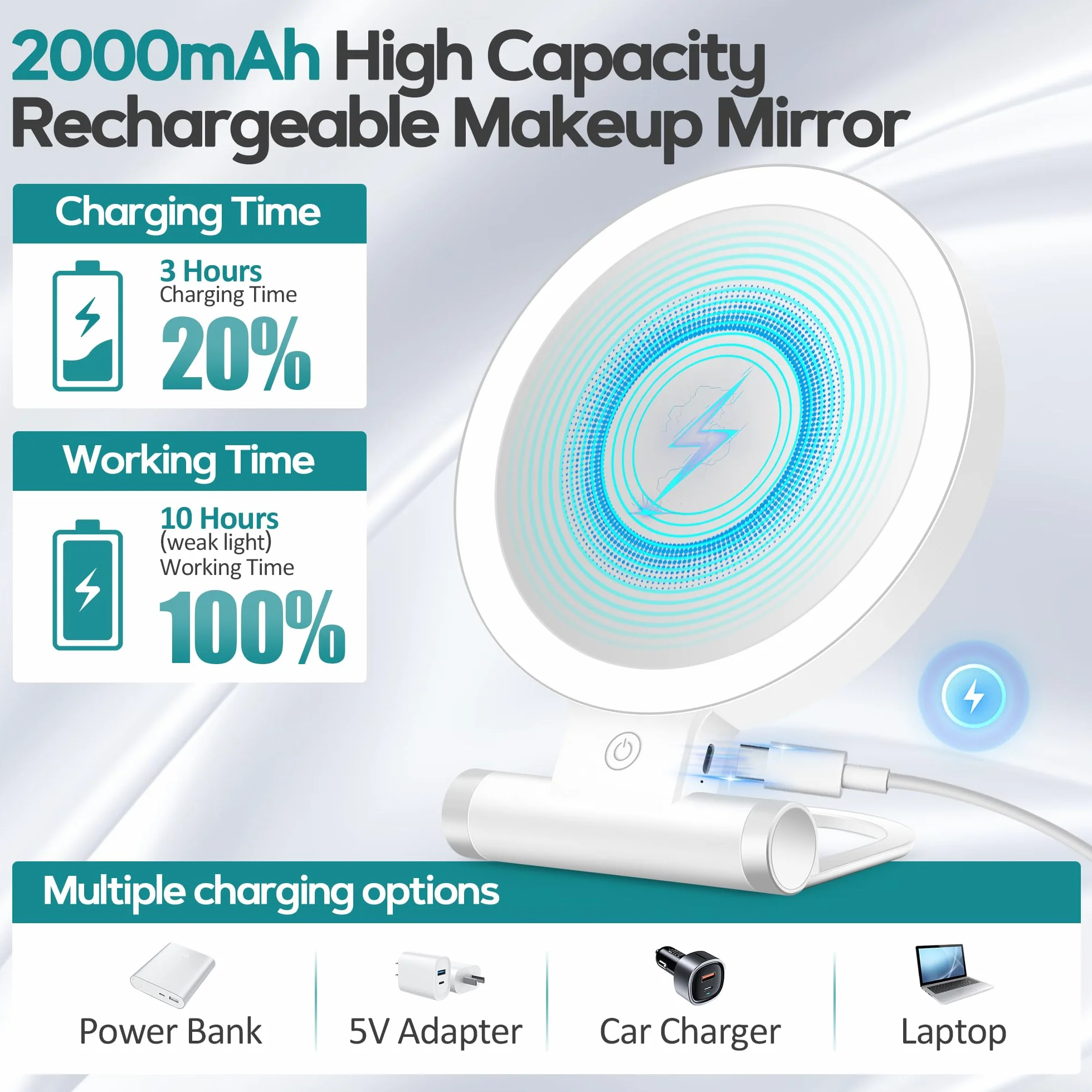 B Beauty Planet Miroir grossissant Double Face 1X/30X avec lumière, 3 Modes d'éclairage, 2000mAh, Miroir de Maquillage de Voyage Compact