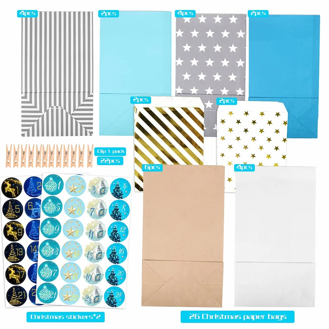 Calendrier de l'Avent Sac à Remplir 26 Pièces Sachets en Papier avec Autocollants Numériques