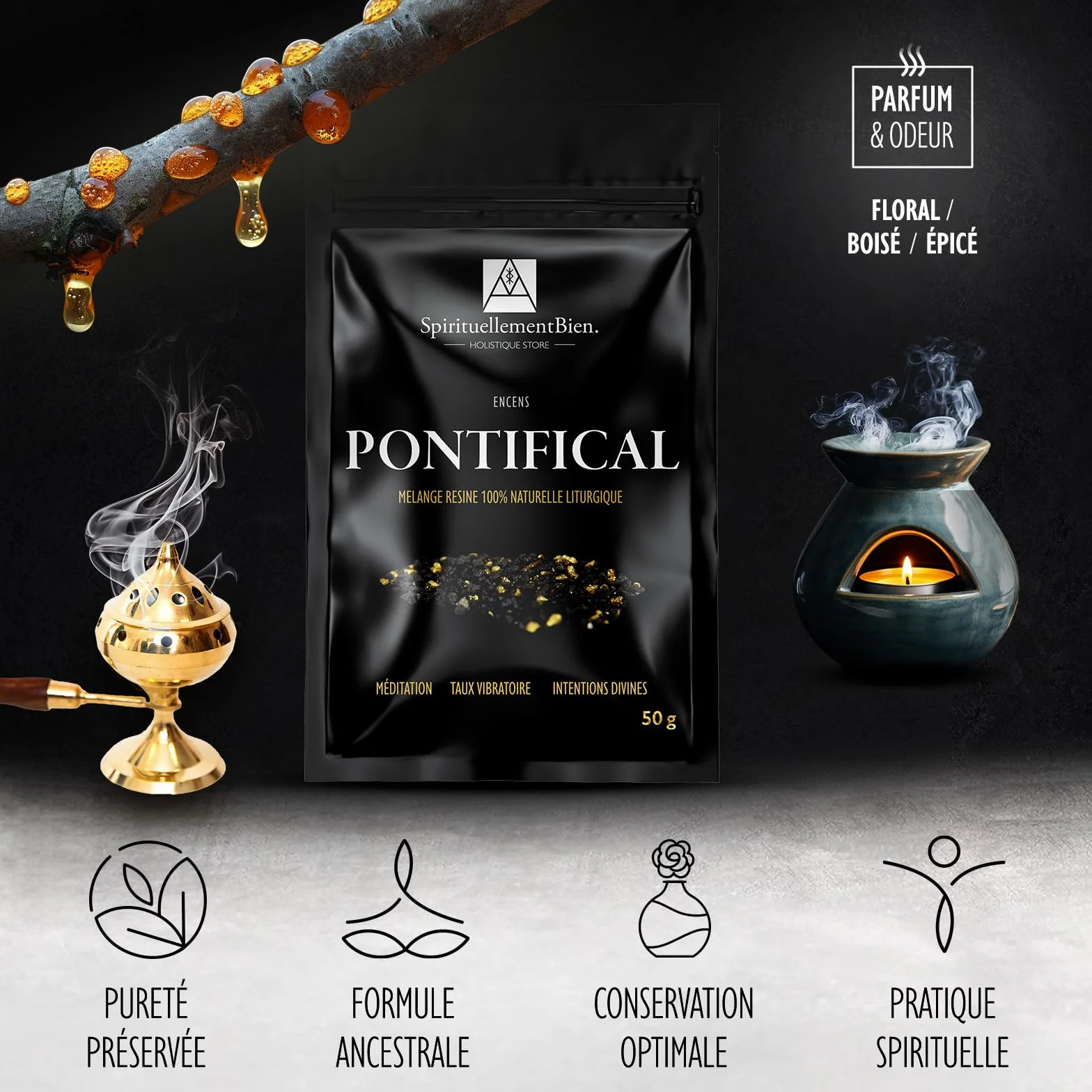 Sacré Encens Pontifical Résine en Grain 50gr Fumigation Brule Parfum Encensoir Méditation Taux Vibratoire