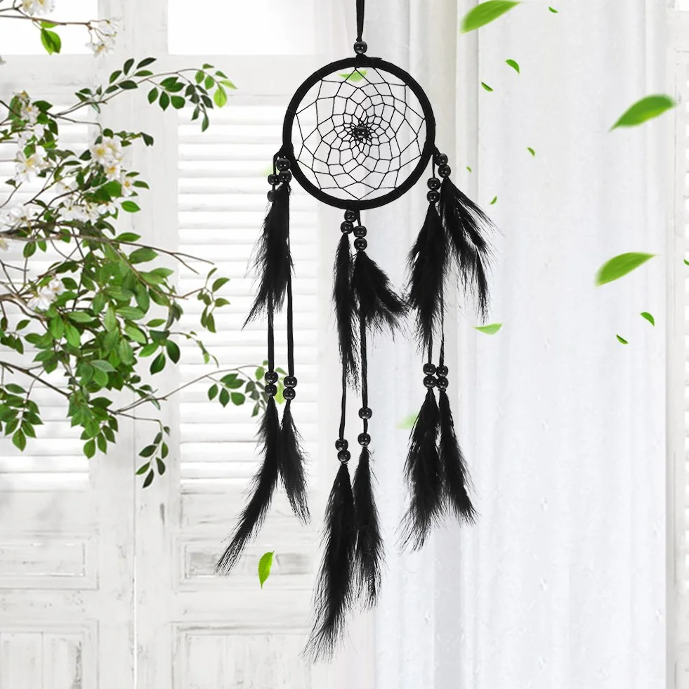 Attrape-Rêves Fait Main Noir avec Perles et Toile, Décoration Murale et Voiture