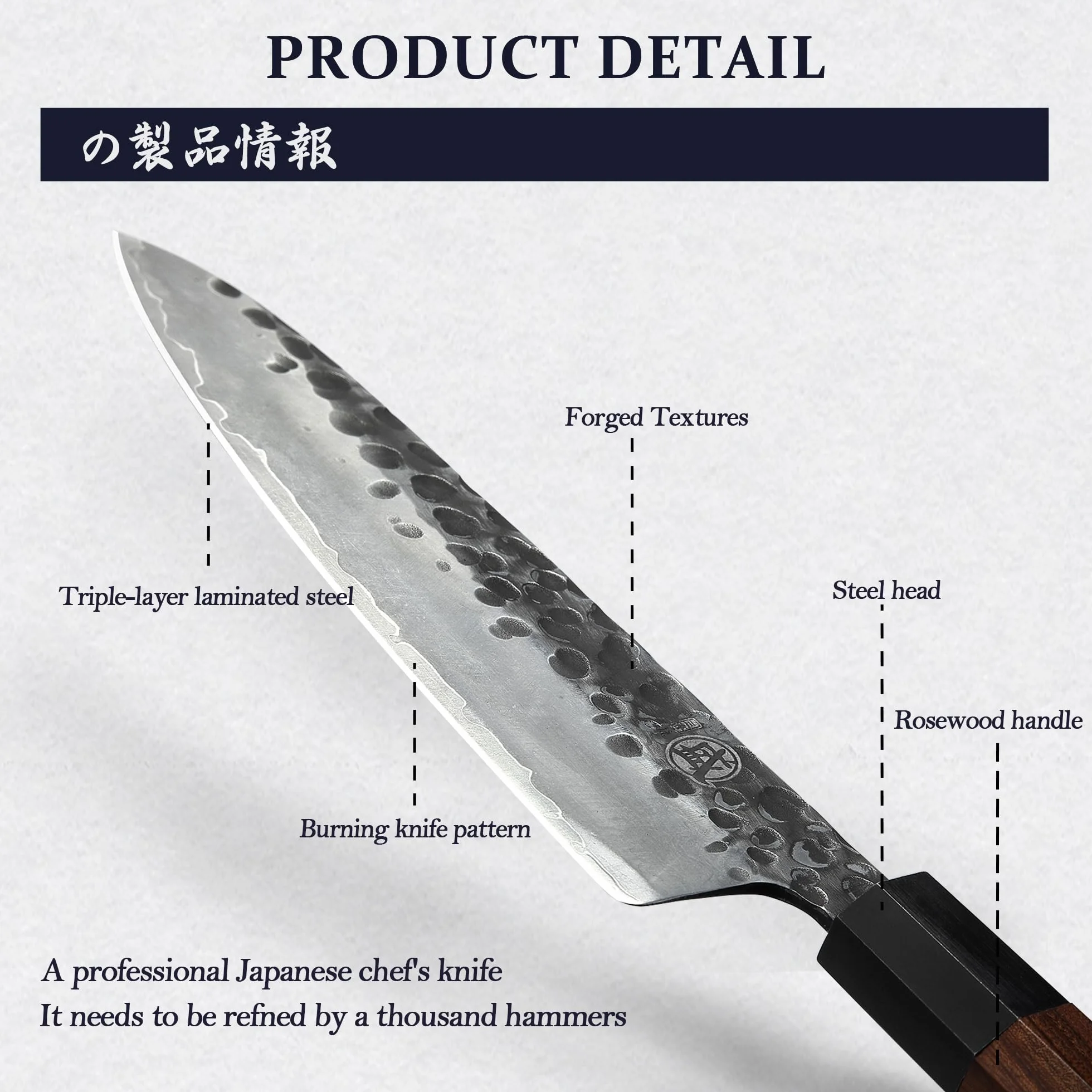 MITSUMOTO SAKARI Couteau Japonais 22 cm Gyuto Forgé à la Main Acier Haute Carbone Manche Bois de Rose Boîte Bois