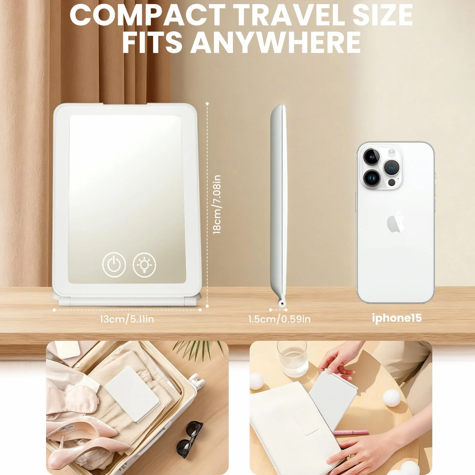Miroir Maquillage Lumineux 72 LED 1500mAh Luminosité Ajustable 3 Modes Pliable Portable