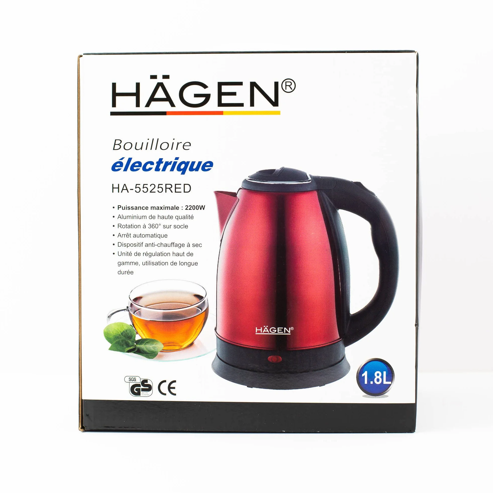 Hagen Bouilloire Electrique Inox 1,8L 1500W 360° Rouge