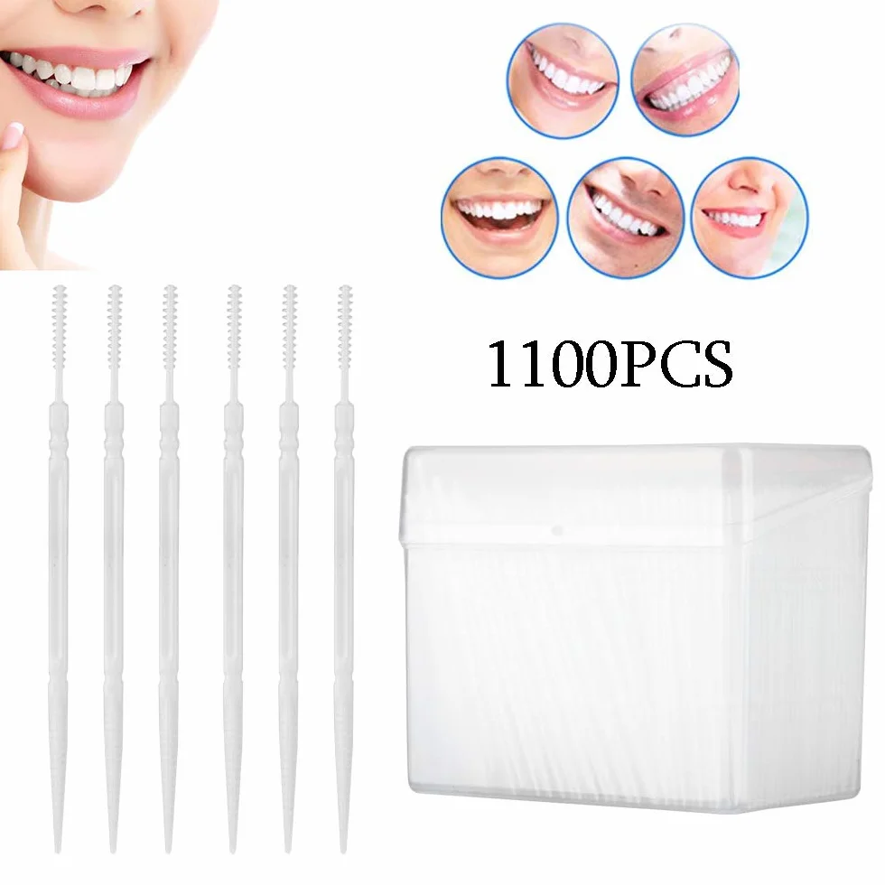 Lot de 1100 cure-dents jetables en plastique avec étui transparent - Brosse interdentaire souple double tête vert