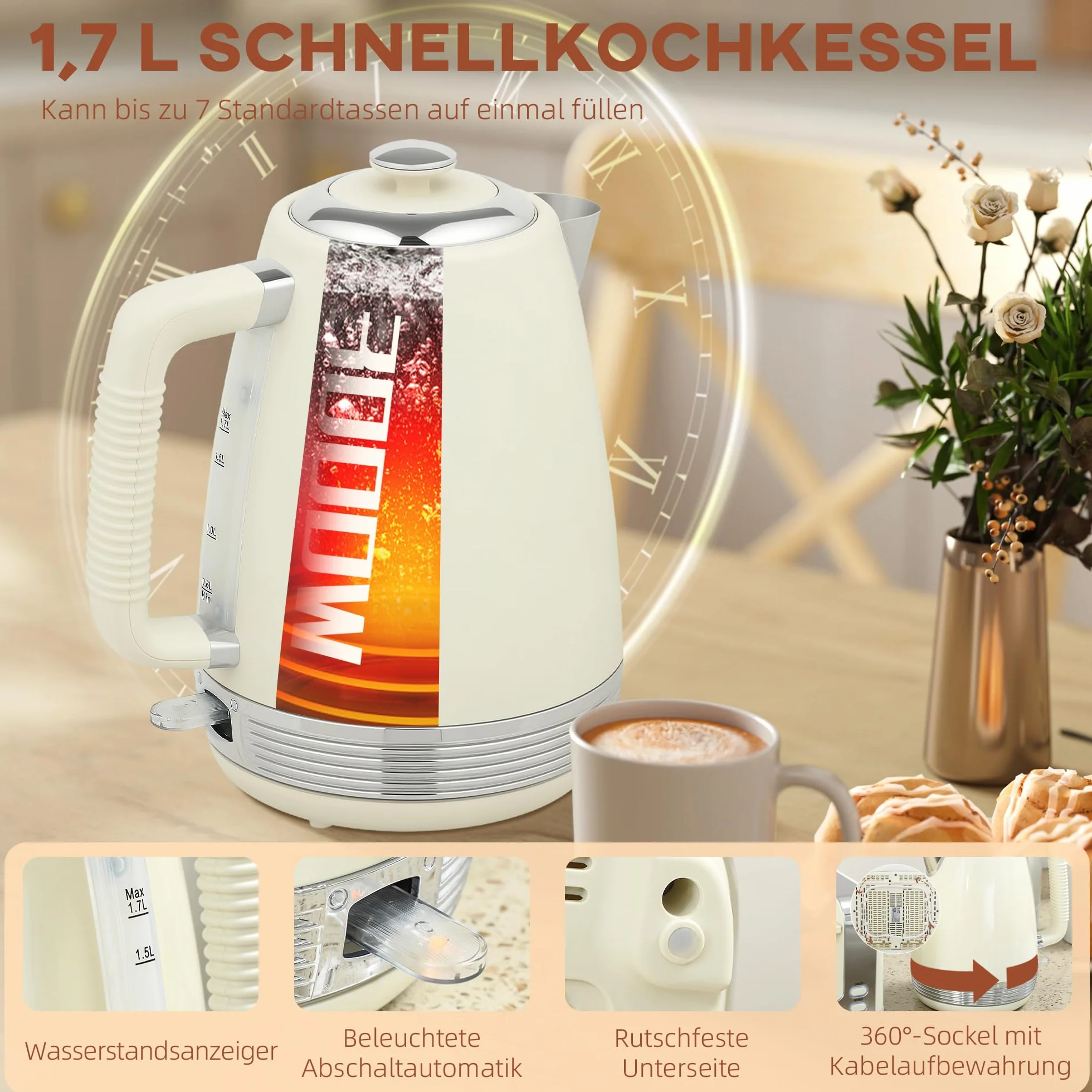 Homcom Grille-pain 4 tranches Bouilloire 1,7 L 2200 W Set petit-déjeuner