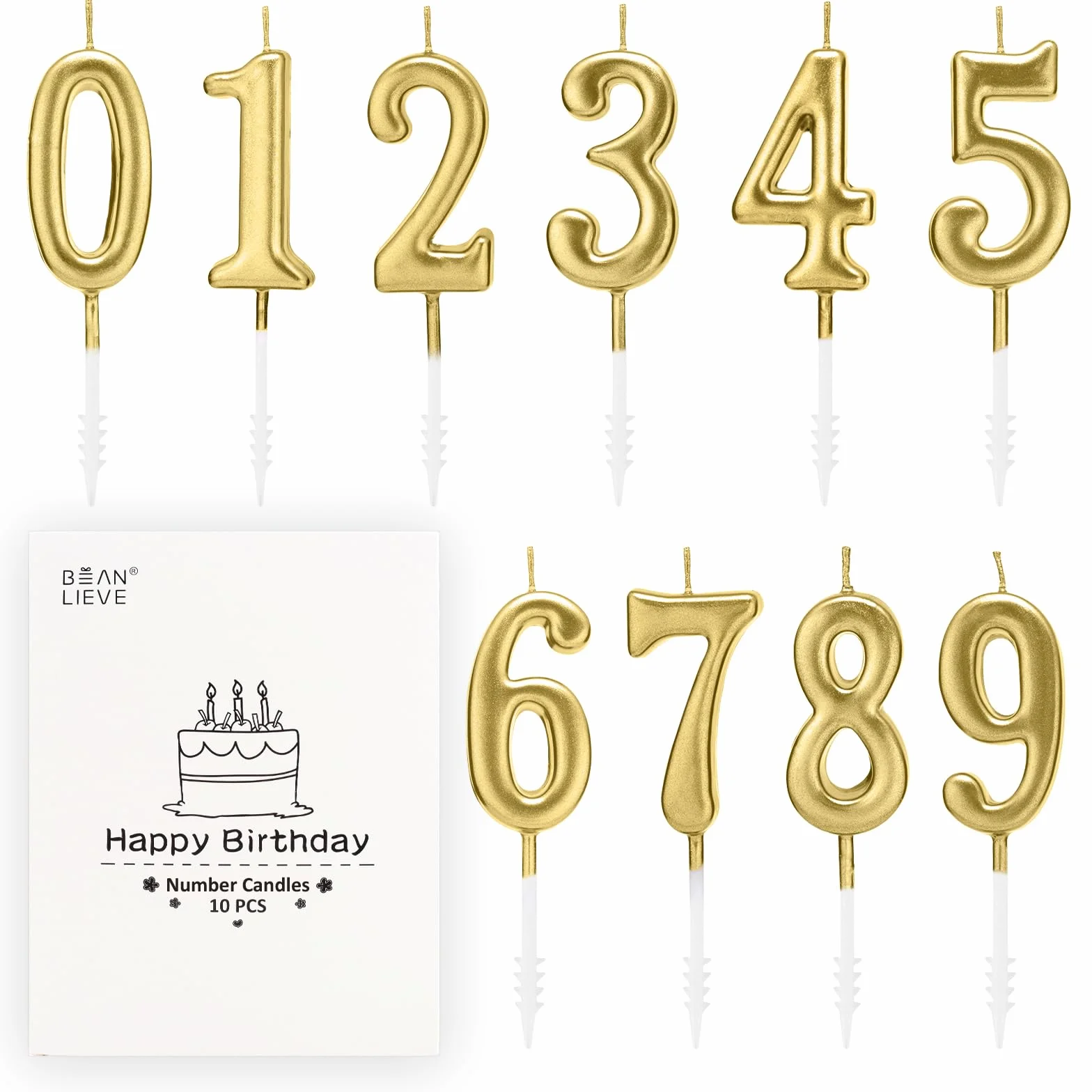 Lot de 10 bougies d'anniversaire à chiffres 0-9 paillettes or champagne pour gâteau