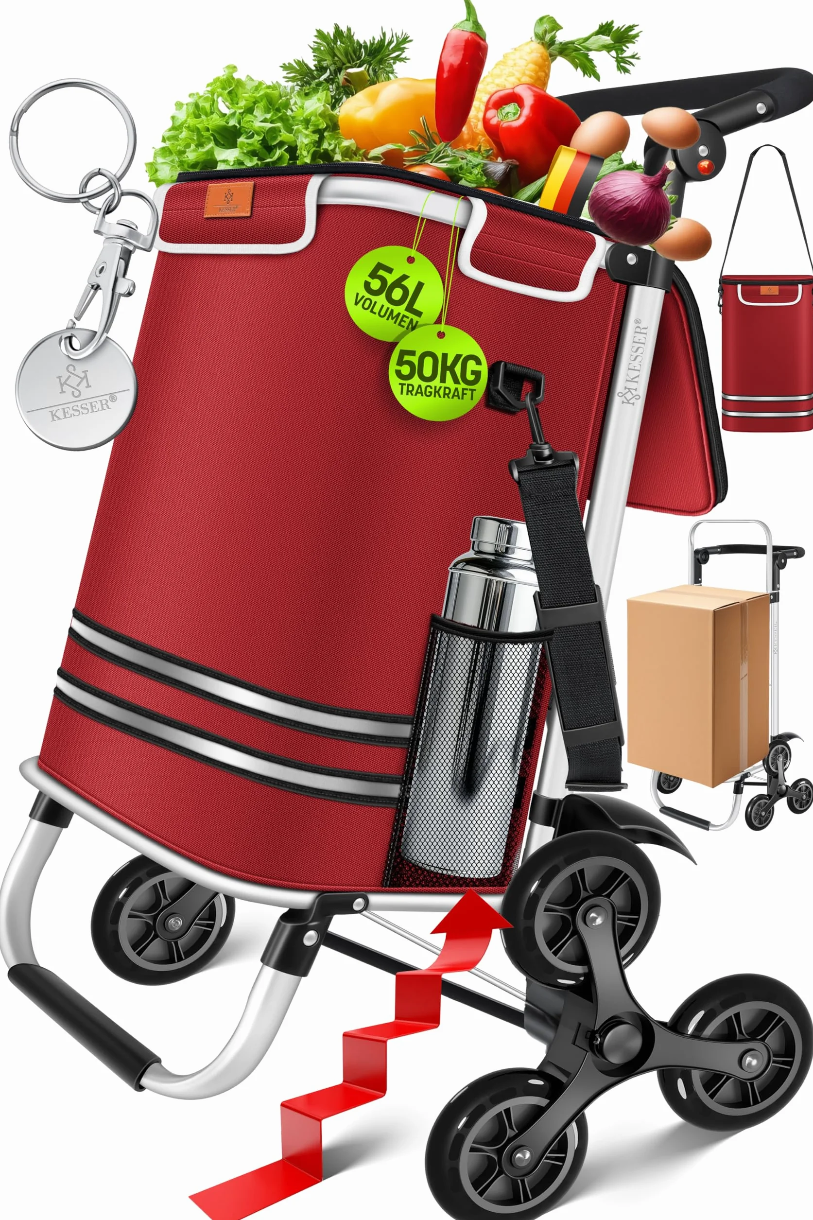 KESSER Chariot à provisions 56 L 50 kg pliable 3 en 1 avec compartiment réfrigérant Bordeaux