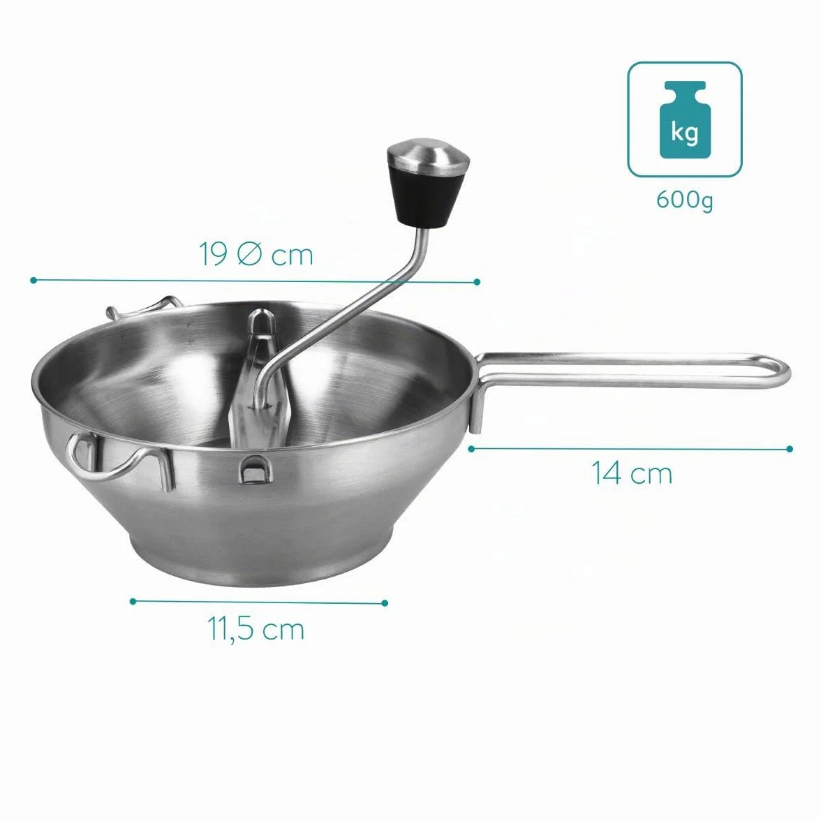 Navaris Presse-Légumes Manuel Moulin à Légumes Ø 19 cm Inox - Passe-vite avec 3 Grilles