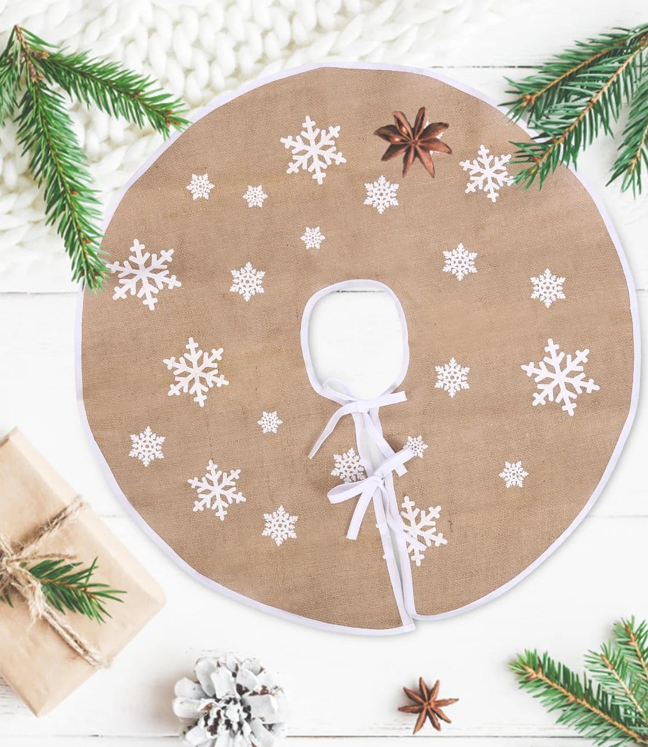 Jupe de Sapin de Noël Flocons de Neige Lin Kaki 80 cm