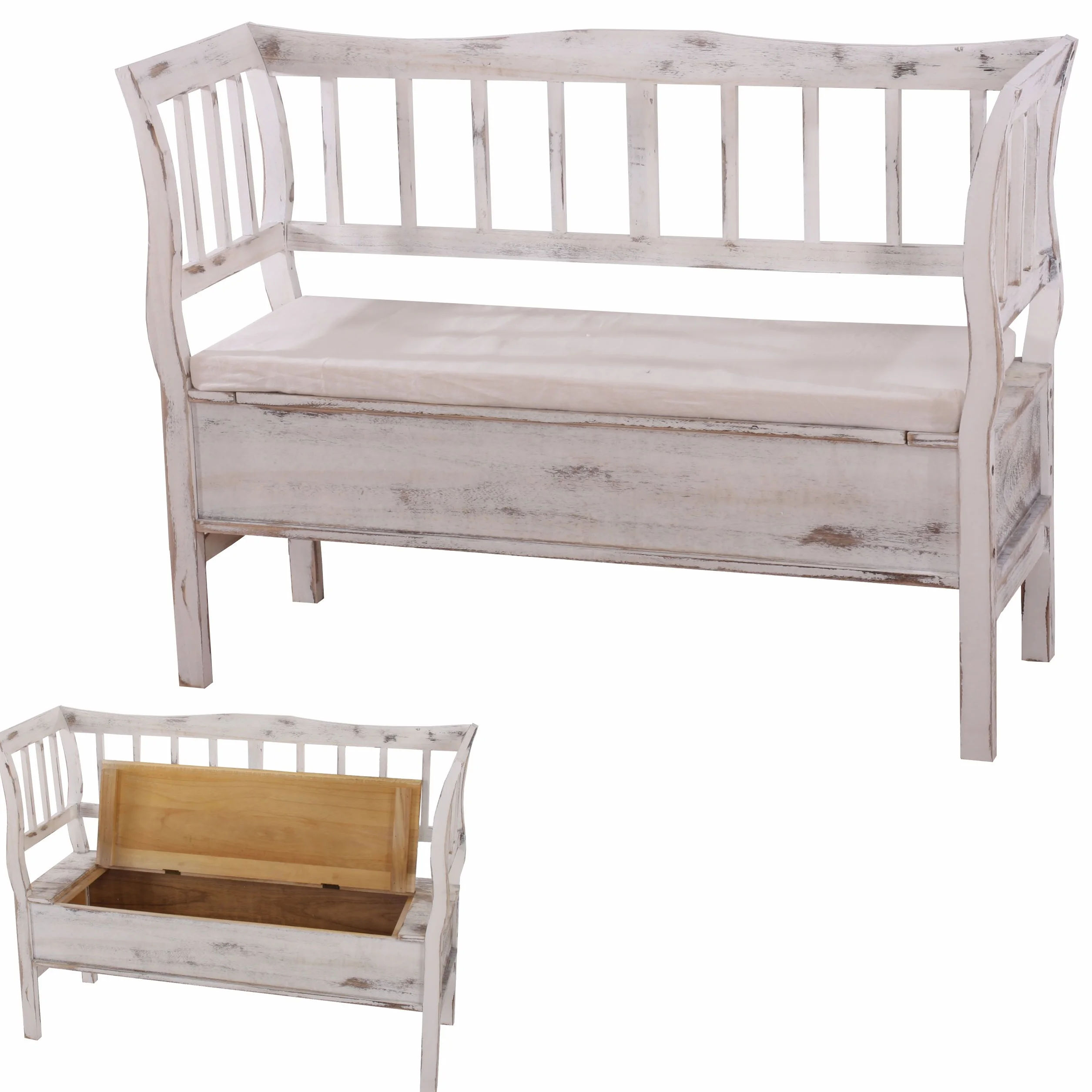 Mendler Banc Banquette de Rangement T207 Coffre avec Coussin Bois Blanc Shabby Chic