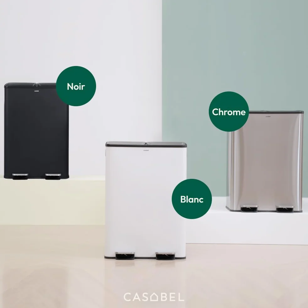CASABEL Poubelle Cuisine Tri Sélectif 60L Acier INOX Brossé Double Compartiments