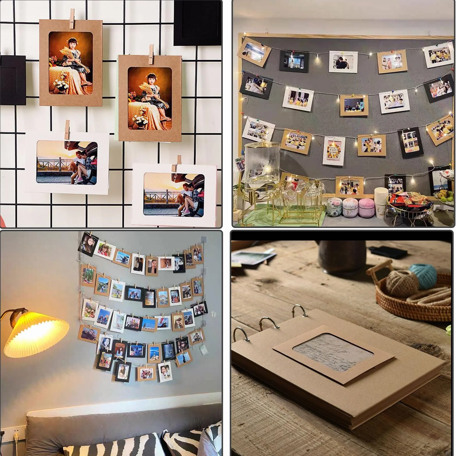 Cadres Photo en Papier Kraft 15,5 x 11,5 cm avec Pinces en Bois et Corde de Chanvre Décoration Murale