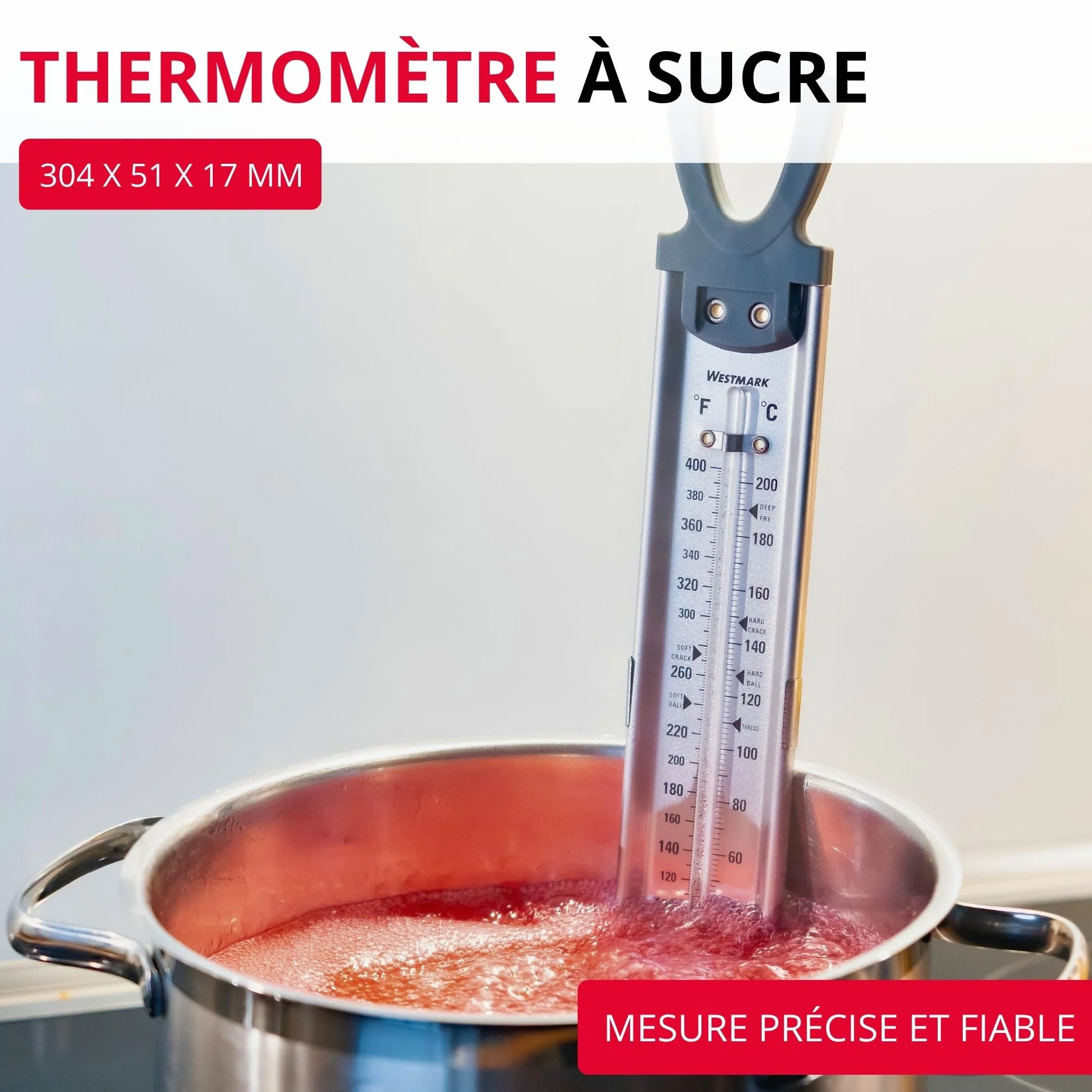 Westmark Thermomètre à Sucre Inox, 1 Pièce, Aide Confitures Fruits, Cadre Acier Inoxydable Pince Ajustable, Tube Verre Robuste