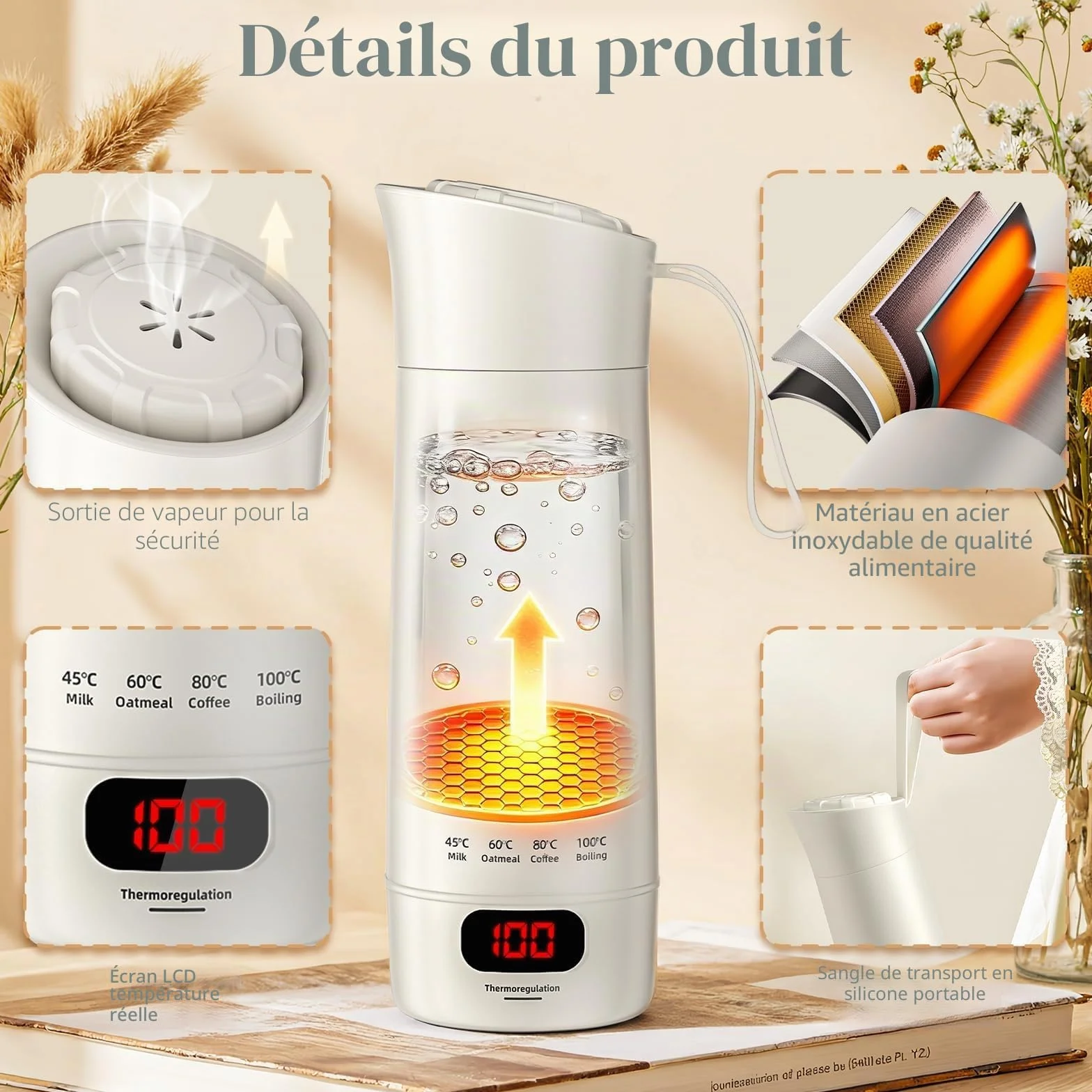Mini Bouilloire Électrique Portable 400 ML 3 en 1 avec 4 Niveaux de Température, Doublure Acier Inoxydable 304
