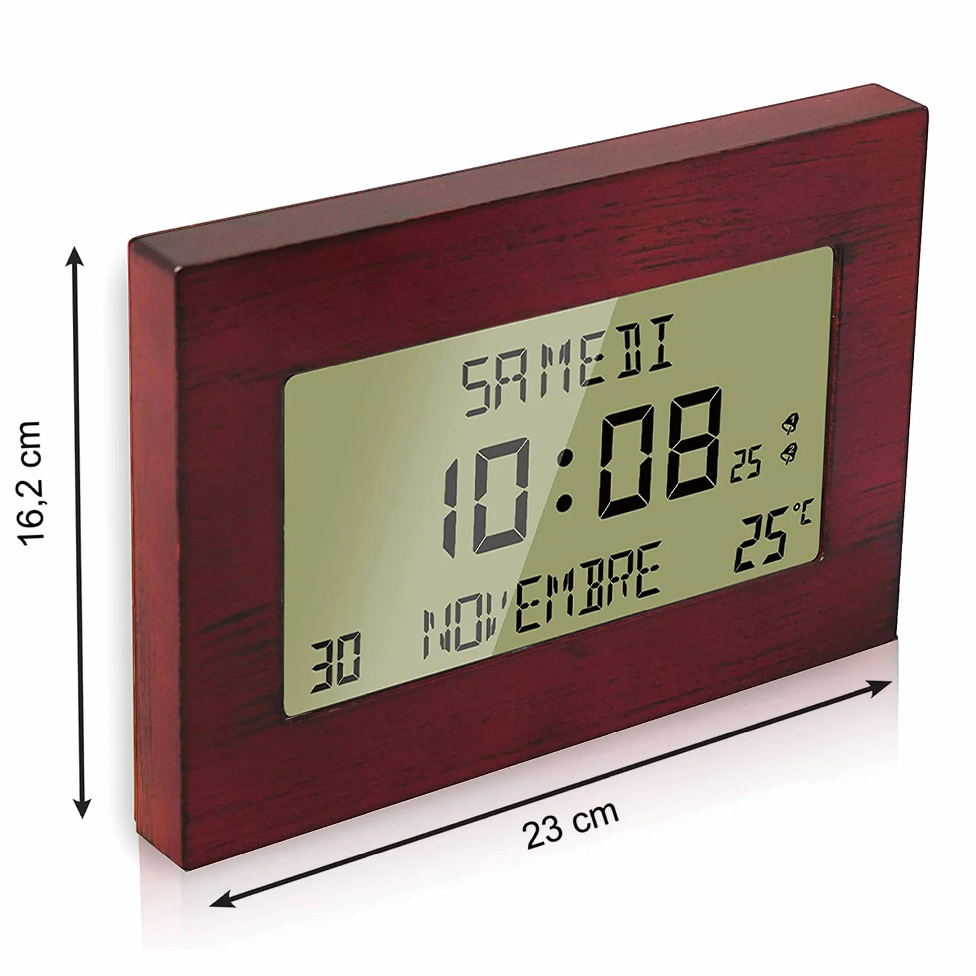Fishtec Horloge Réveil Numérique Radiopilotée Motif Bois Grand Écran LCD Date Jour Température Double Alarme Snooze 23 x 16 cm
