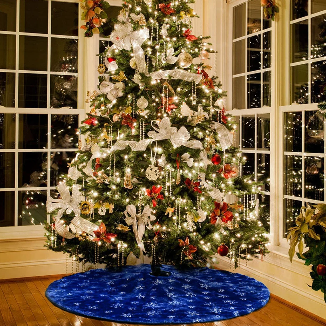 Jupe de Sapin de Noël Bleu Peluche 78cm avec Flocons de Neige Argent Paillettes Couvre-pied Tapis