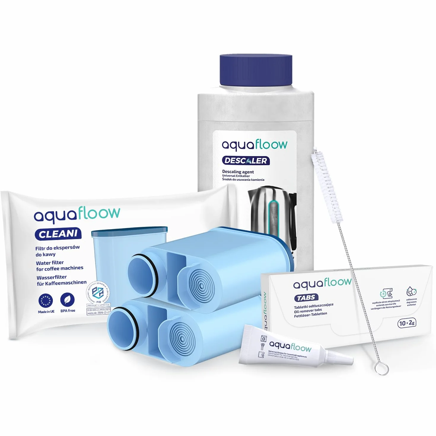 Aquafloow Kit d'Entretien Philips Saeco AquaClean Filtres à Eau Pastilles Nettoyage Détartrant Brosse