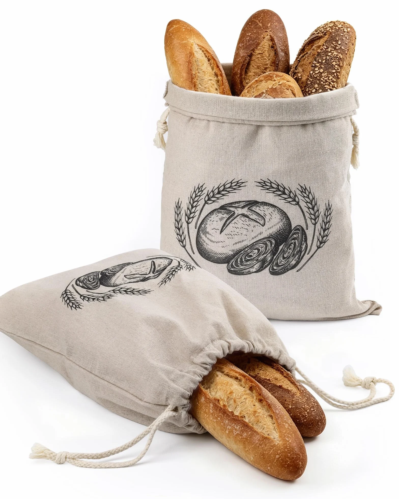 Sacs à Pain en Lin 30 x 40 cm avec Cordon de Serrage, Réutilisables pour Pain, Baguette, Fruits, Légumes