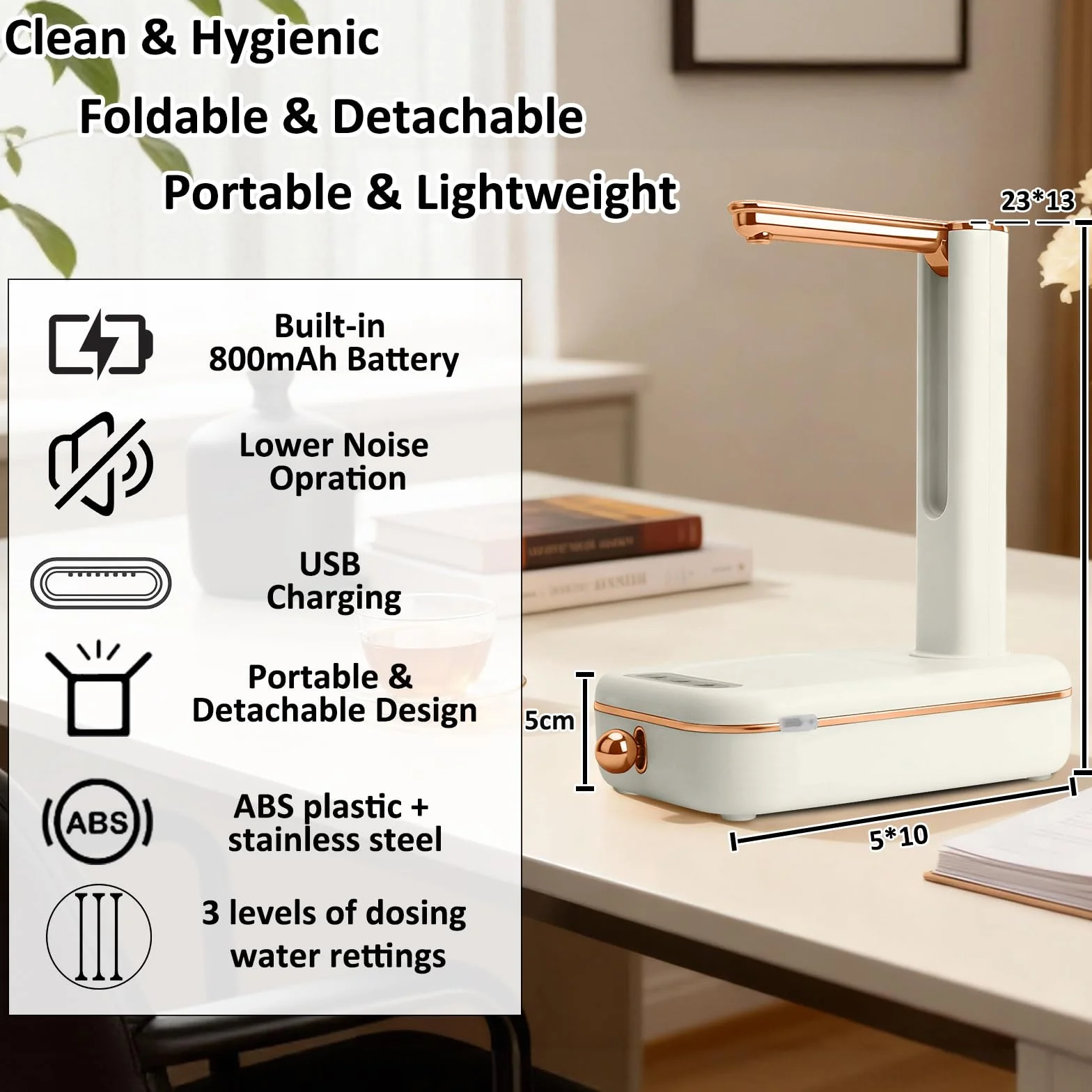 Distributeur d'eau Électrique Rechargeable USB sans BPA Pompe 3 Niveaux Débit Camping Maison Bureau Batterie 800 mAh Blanc