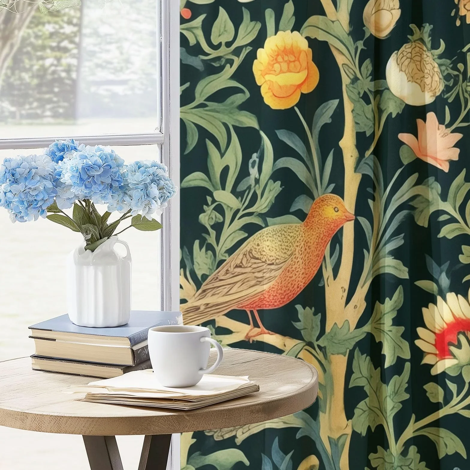 William Morris Fleurs Oiseaux Rideaux à Oeillets 70x240 cm 2 Panneaux Isolant Opaque Vert Foncé Porte-Fenêtre