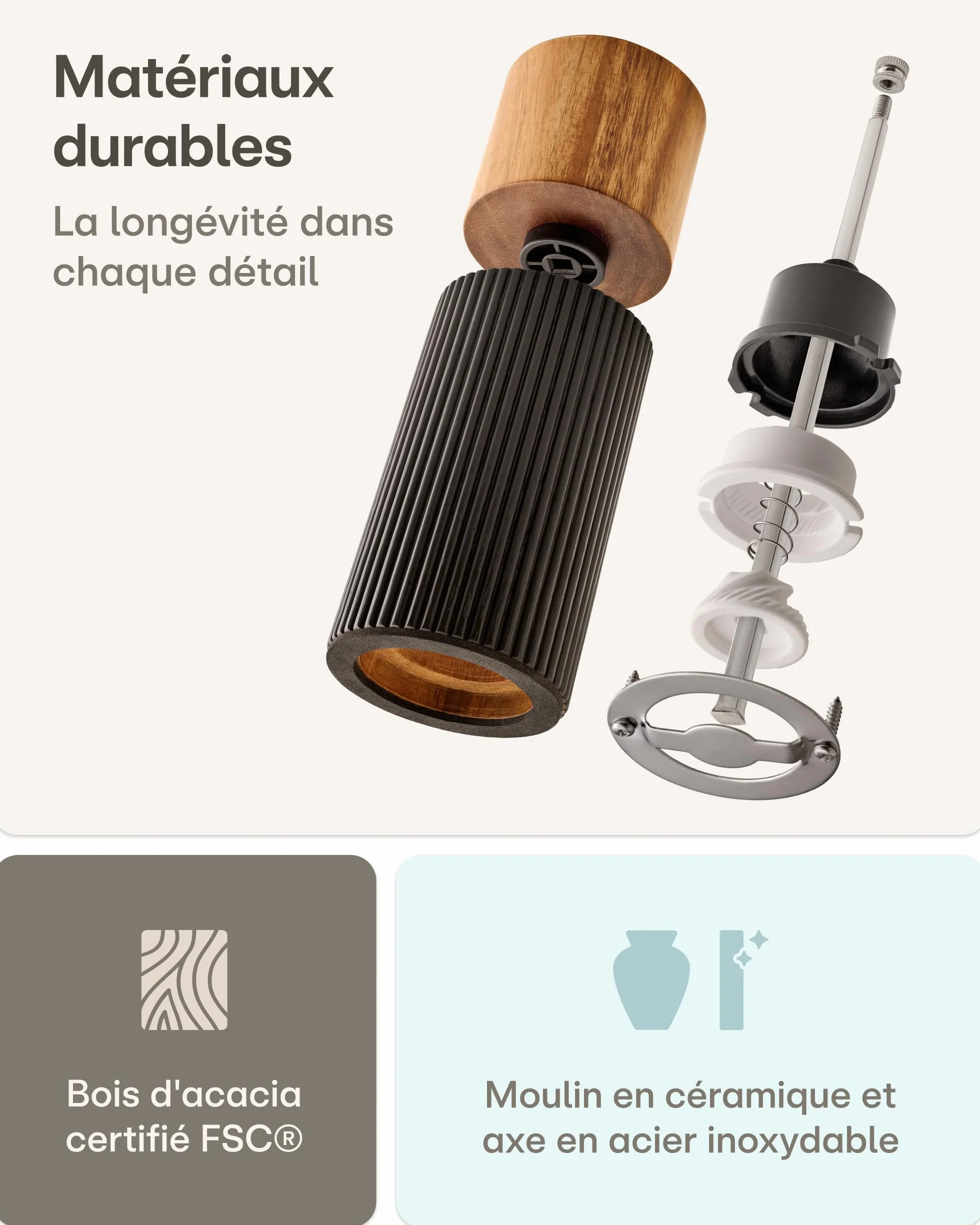Moulin à Poivre et Sel Manuel en Bois d'Acacia FSC® avec Mécanisme Céramique Réglable Noir Petit