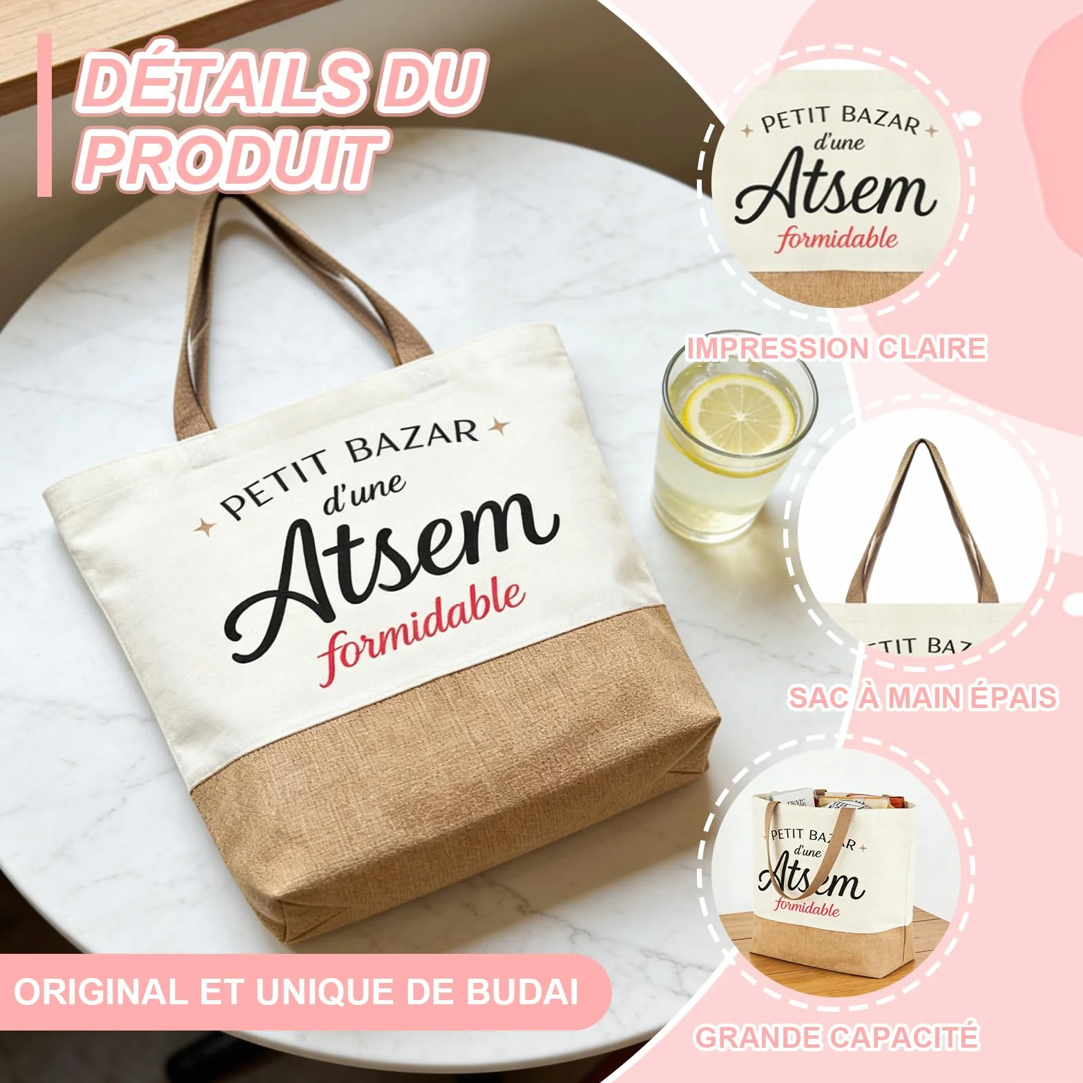 Sac Cabas Merci Atsem Maternelle Grande Capacité Toile Cadeau Enseignante