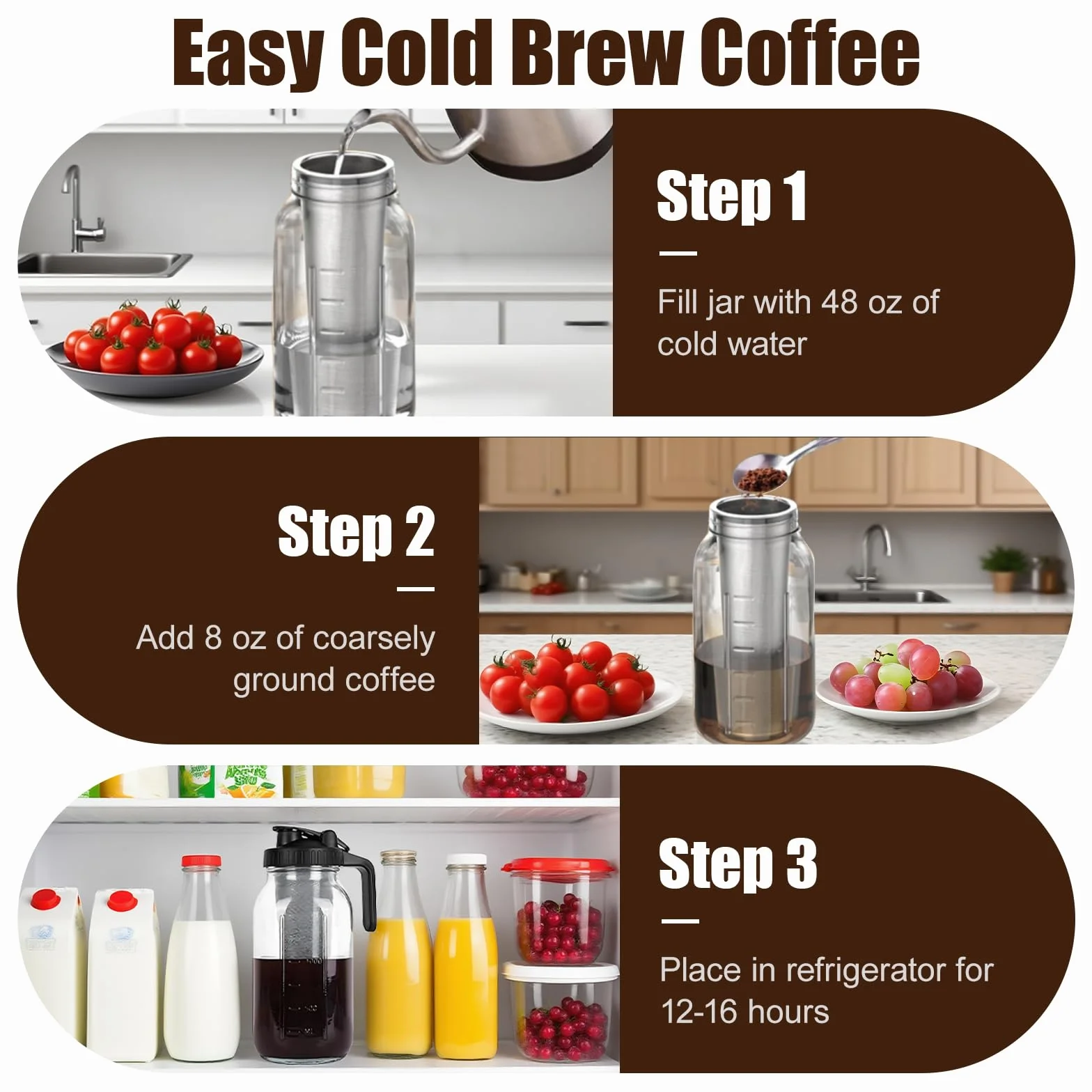 Carafe Cold Brew 2 L/60 Oz avec Couvercle et Filtre Acier Inoxydable Machine à Café Froid