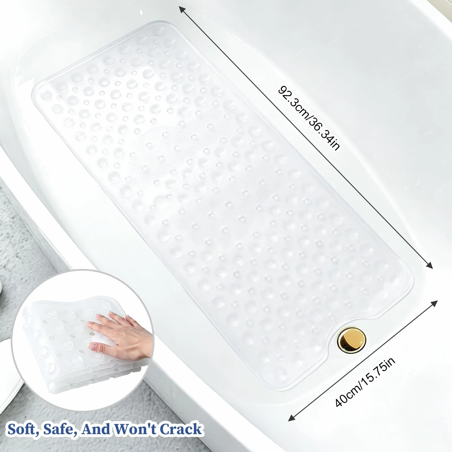 Tapis de Baignoire Antidérapant 92x40cm Silicone avec Ventouses Puissantes sans BPA Lavable en Machine