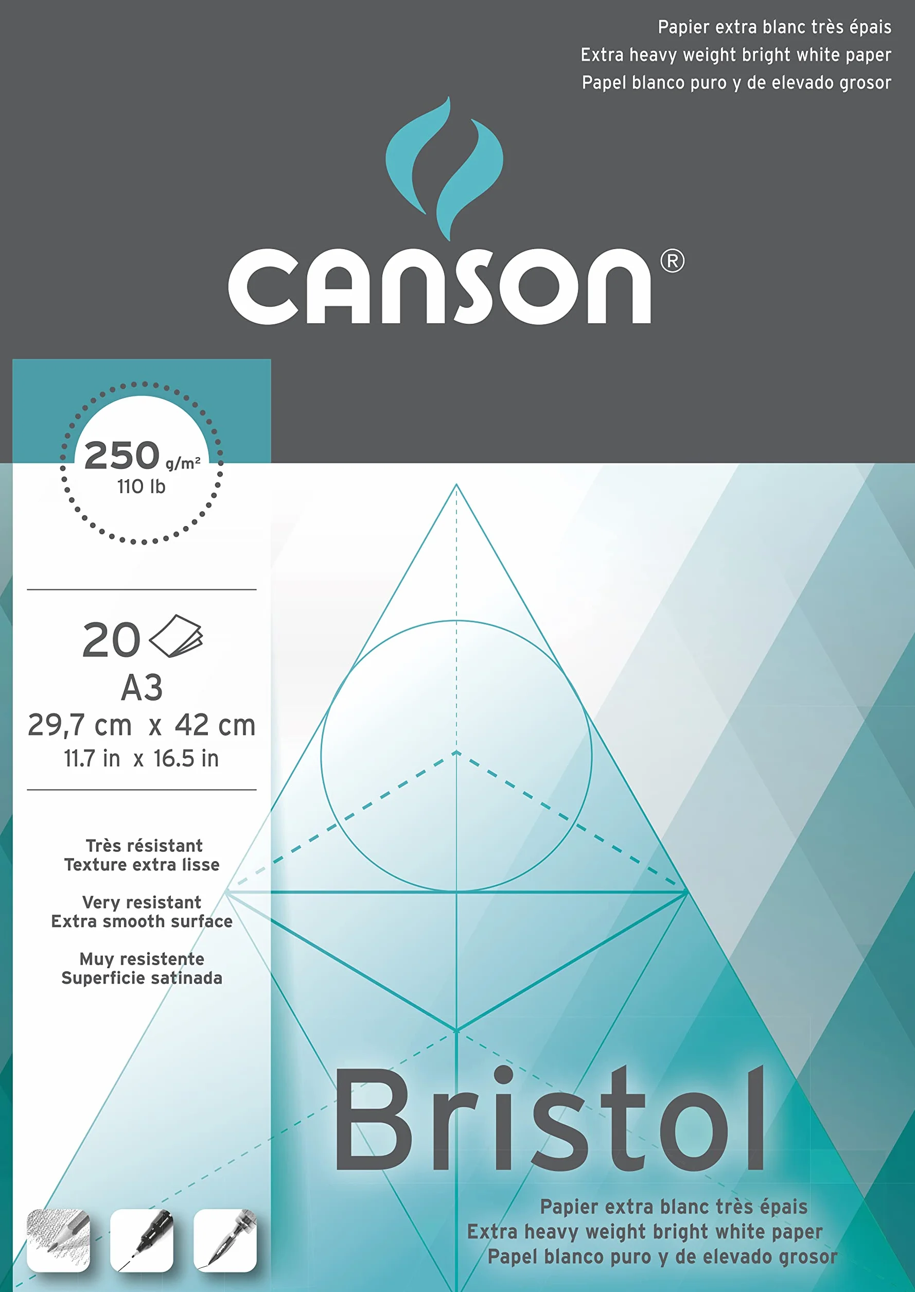 CANSON Bristol Bloc A3 250g/m² Extra-blanc 20 feuilles papier bristol satiné