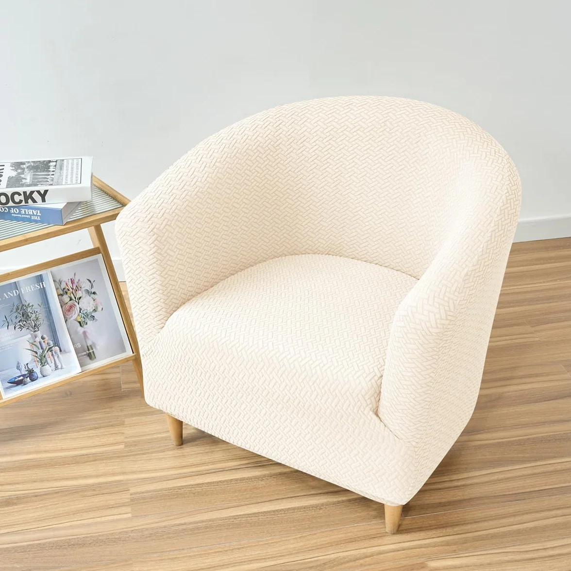 Housse de Fauteuil Cabriolet 1 Place Beige Chesterfield Jacquard Extensible Tub Chair pour Salon Café
