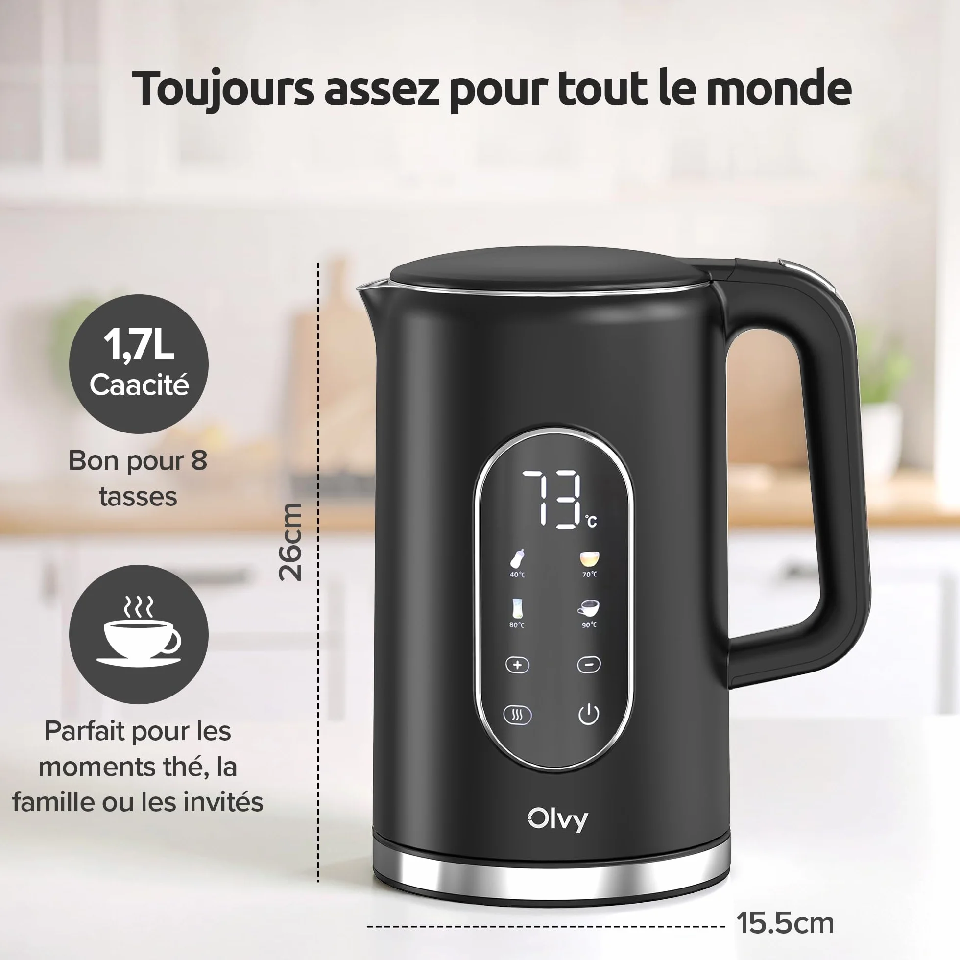 Bouilloire Électrique Olvy 1,7 L 2200W Double Paroi Inox Chauffe-Eau Rapide