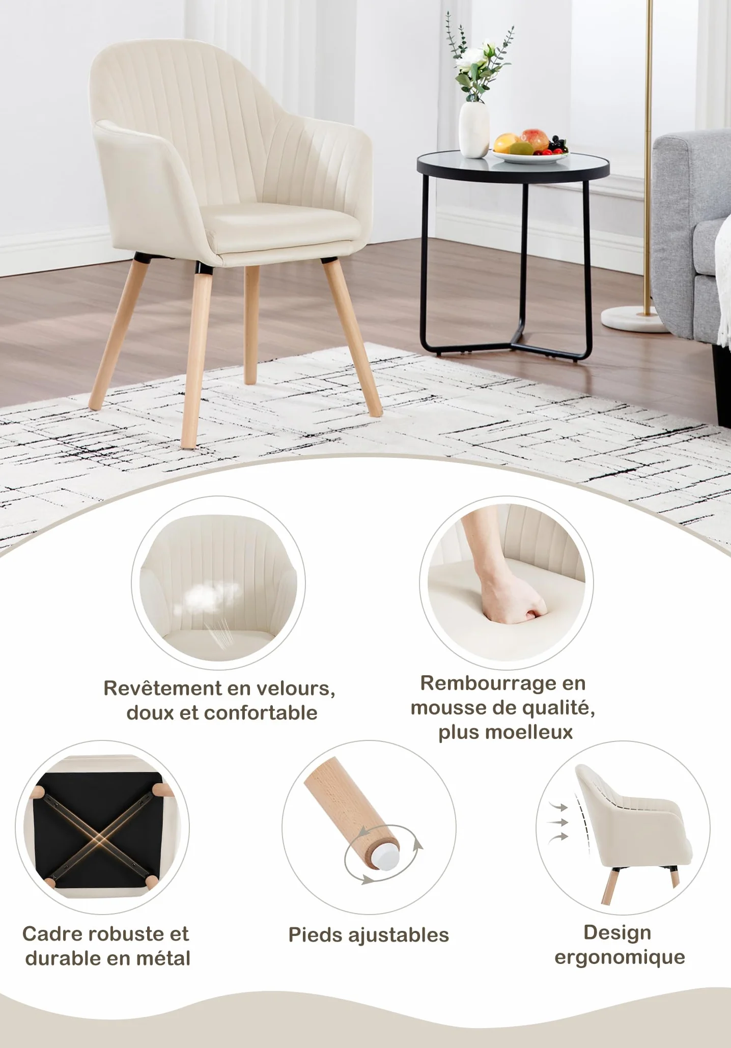 WOLTU Chaise de Salle à Manger en Velours, Pieds en Bois Massif, Charge Max. 150 kg, Crème Blanc