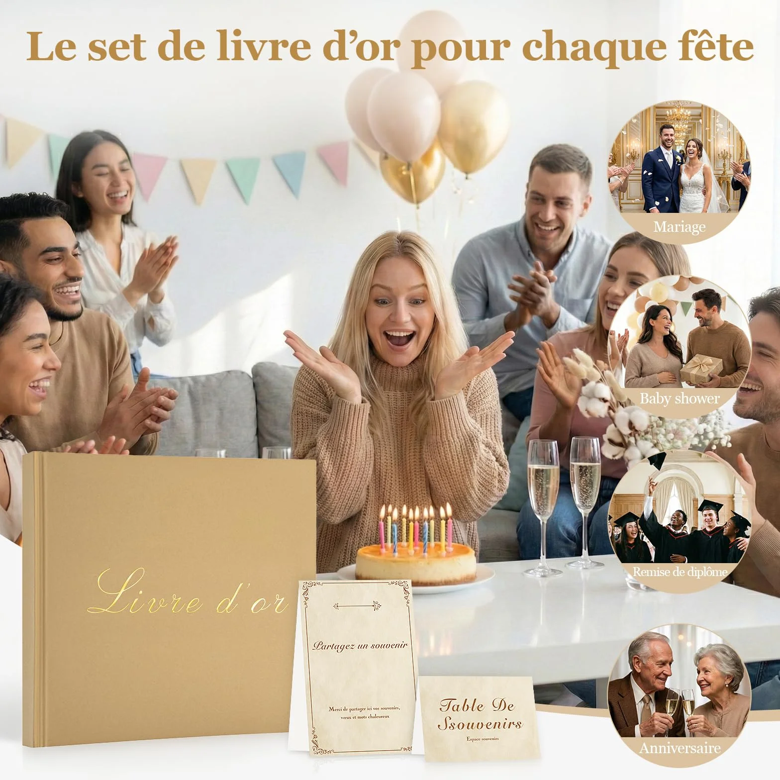 Livre d’or Kraft 20×20 cm Dorure Vintage Papier Épais Anti-Transfert Reliure Rigide Avec Chevalet et Cartes