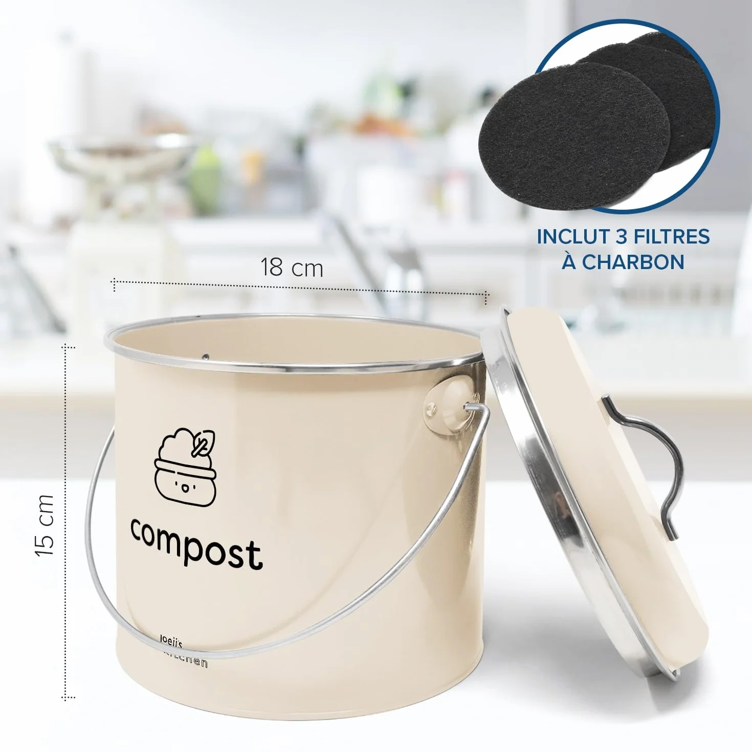 Bac à Compost 3,5 l – Compost de Cuisine Compact en Acier Galvanisé avec Filtres à Charbon
