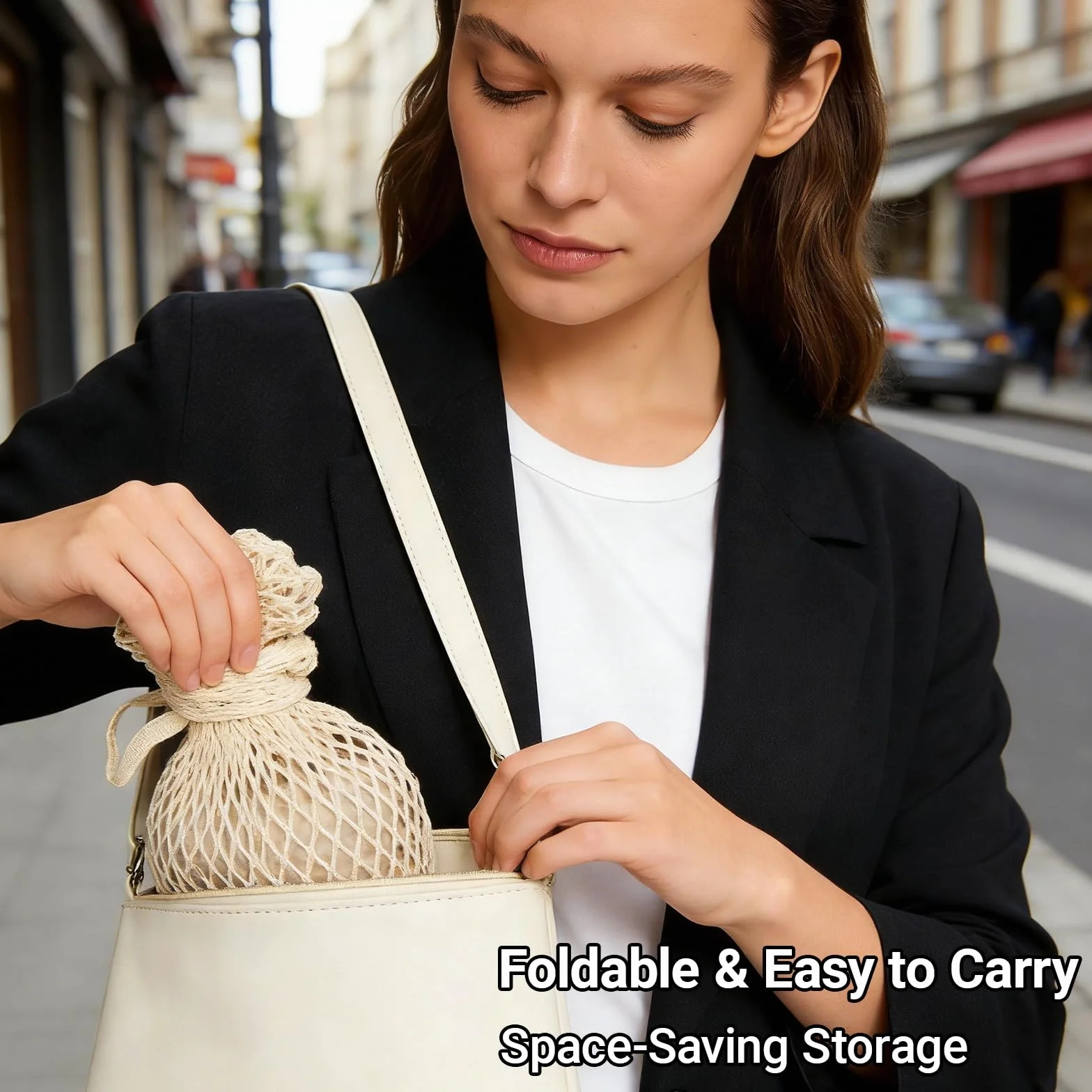 Sacs Filet Réutilisables Lot de 2, Grand Sac Anses Longues et Petit Sac Anses Courtes, Pliable pour Fruits Légumes Pain Plage