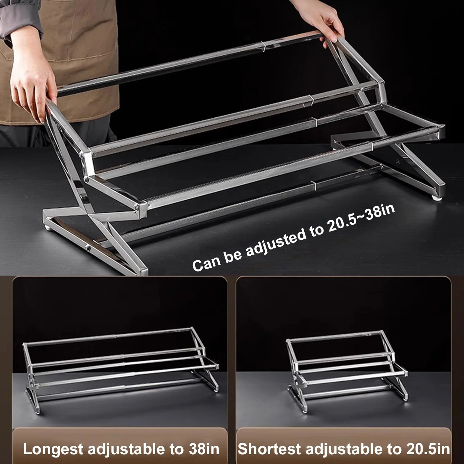 Étagère à épices extensible en acier inoxydable 304 – Distributeur de condiments de comptoir avec cuillères pour assaisonner sauce, salade, confiture et ingrédients (argent, 96 x 34 x 25,9 cm)