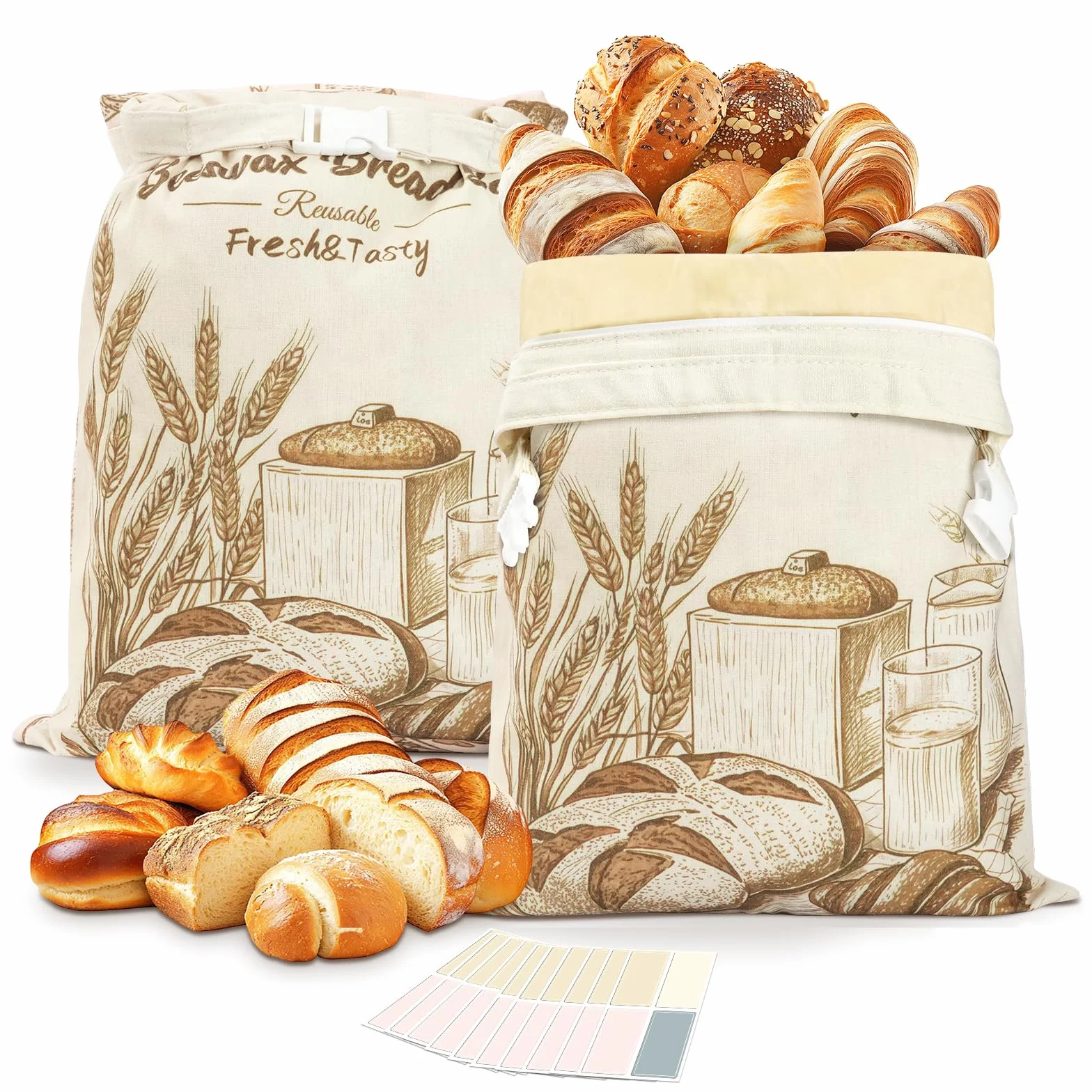 Sacs à Pain en Cire d'Abeille Lot de 2 Réutilisables en Lin et Sans BPA avec Doublure TPU 43 x 33 cm