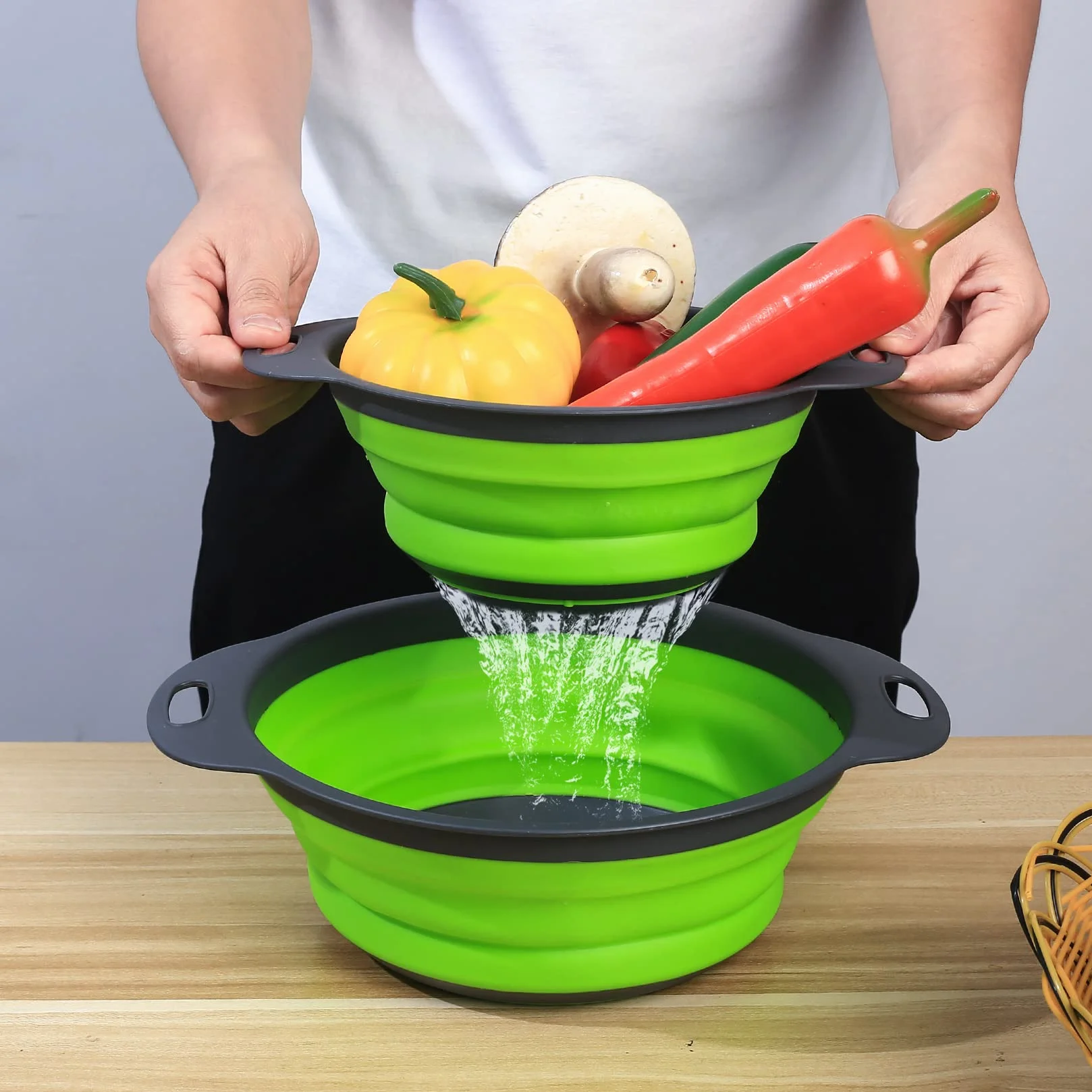 Passoire Pliable Silicone 3 Pièces avec Poignées pour Pâtes Légumes Fruits Vert