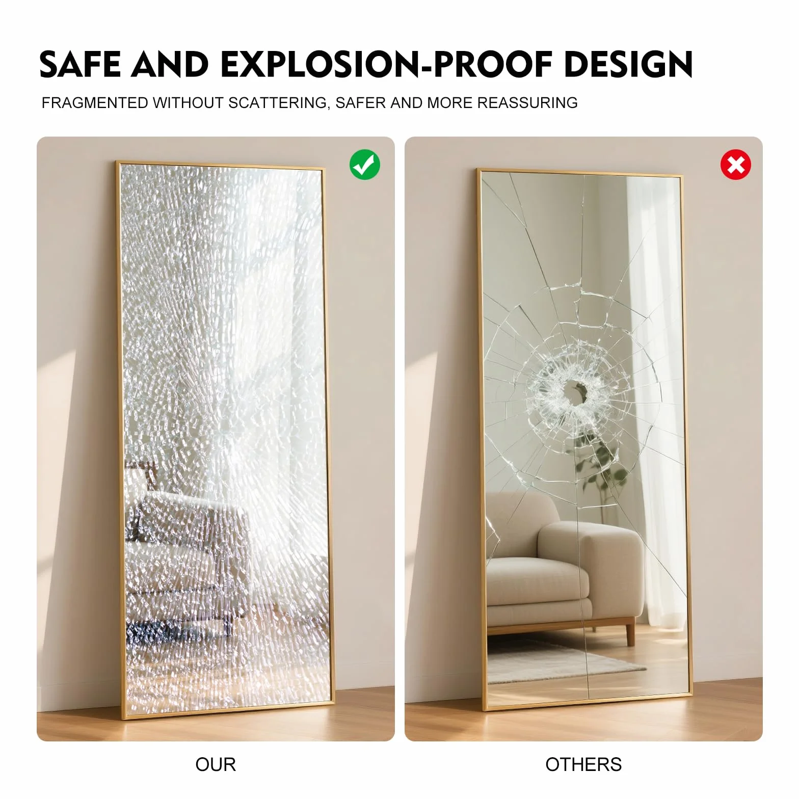 Grand miroir mural 165x60 cm cadre aluminium doré inclinable suspendu sur pied